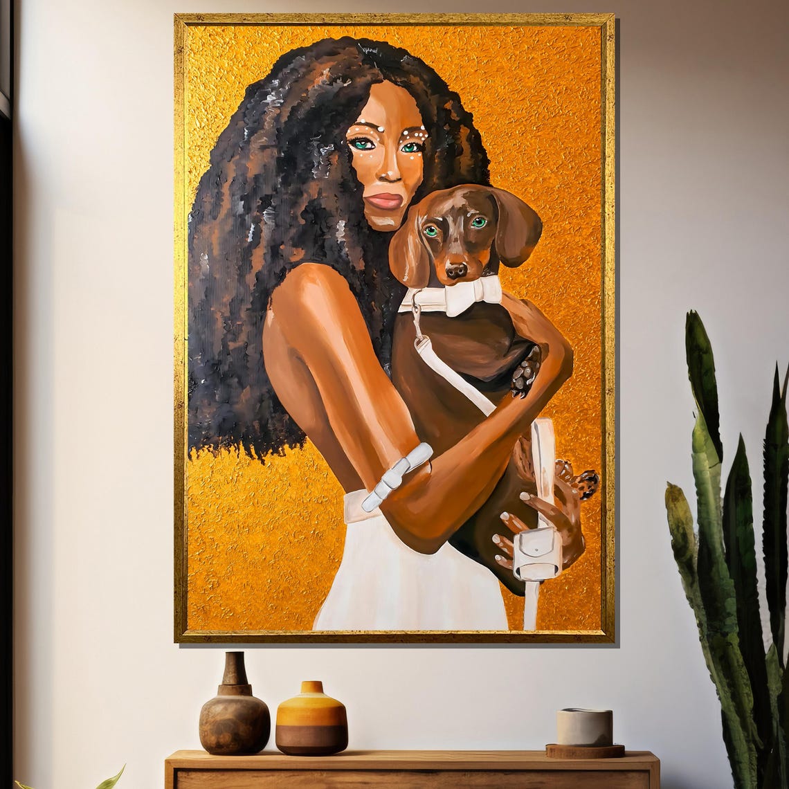 Modern Woman Hugging Dachshund On Textured Gold Portrait Poster