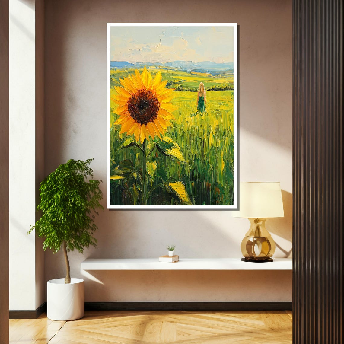 Blonde Woman Walking Alone Through A Sunny Sunflower Field Poster - Image 2