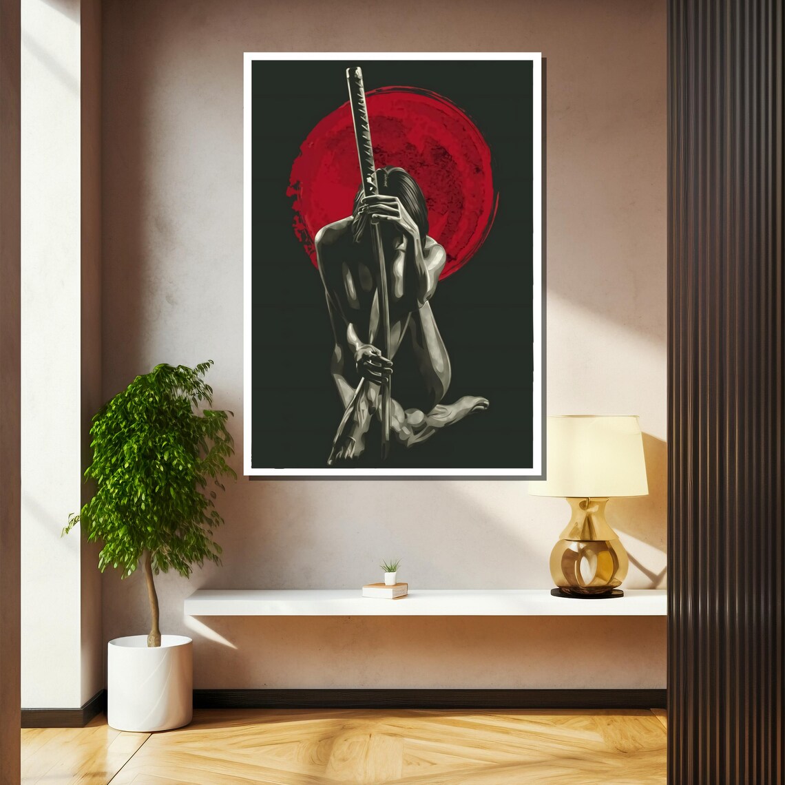 Seated Figure Holding A Katana Before A Giant Red Sun Poster - Image 2
