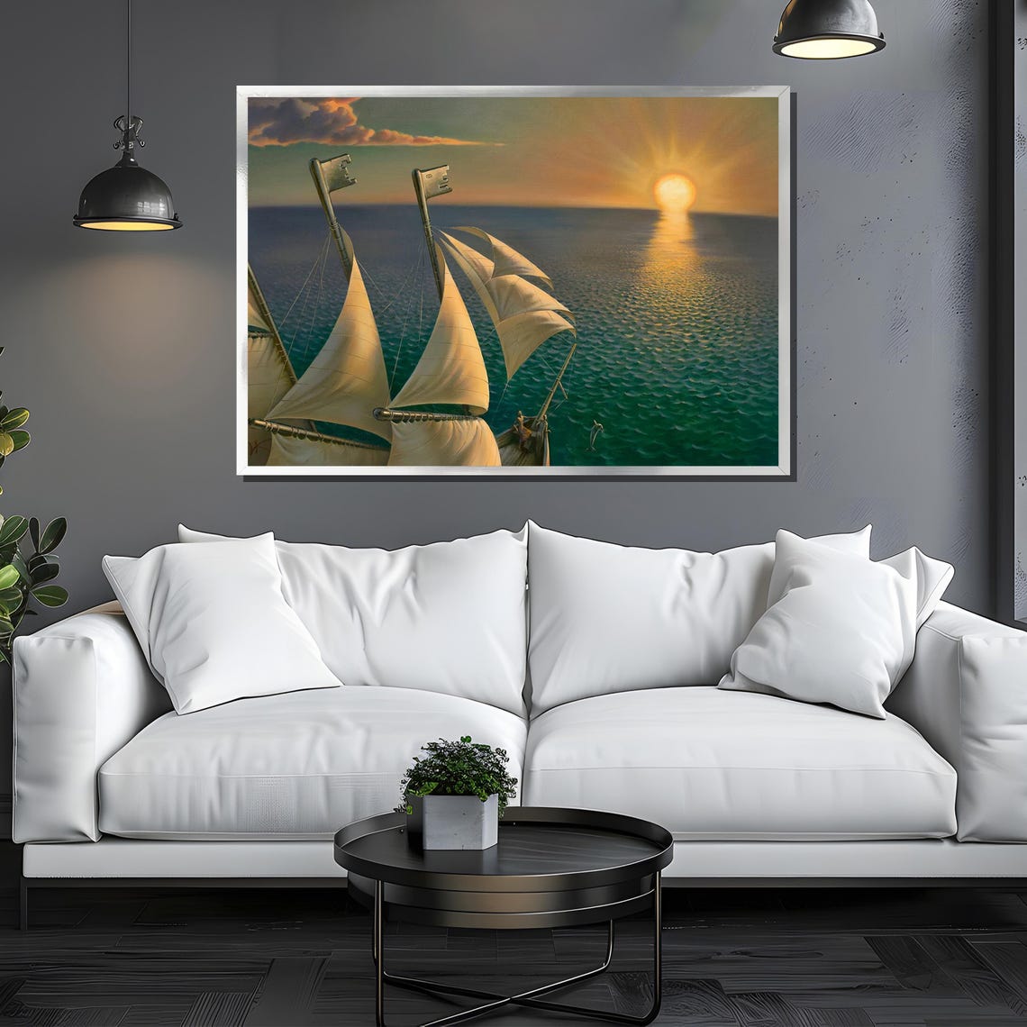 Surreal Ship With Key Masts At Sunset Painting Unique Nautical Art Gift For Surrealism Lovers Perfect For Wall Dcor - Image 3