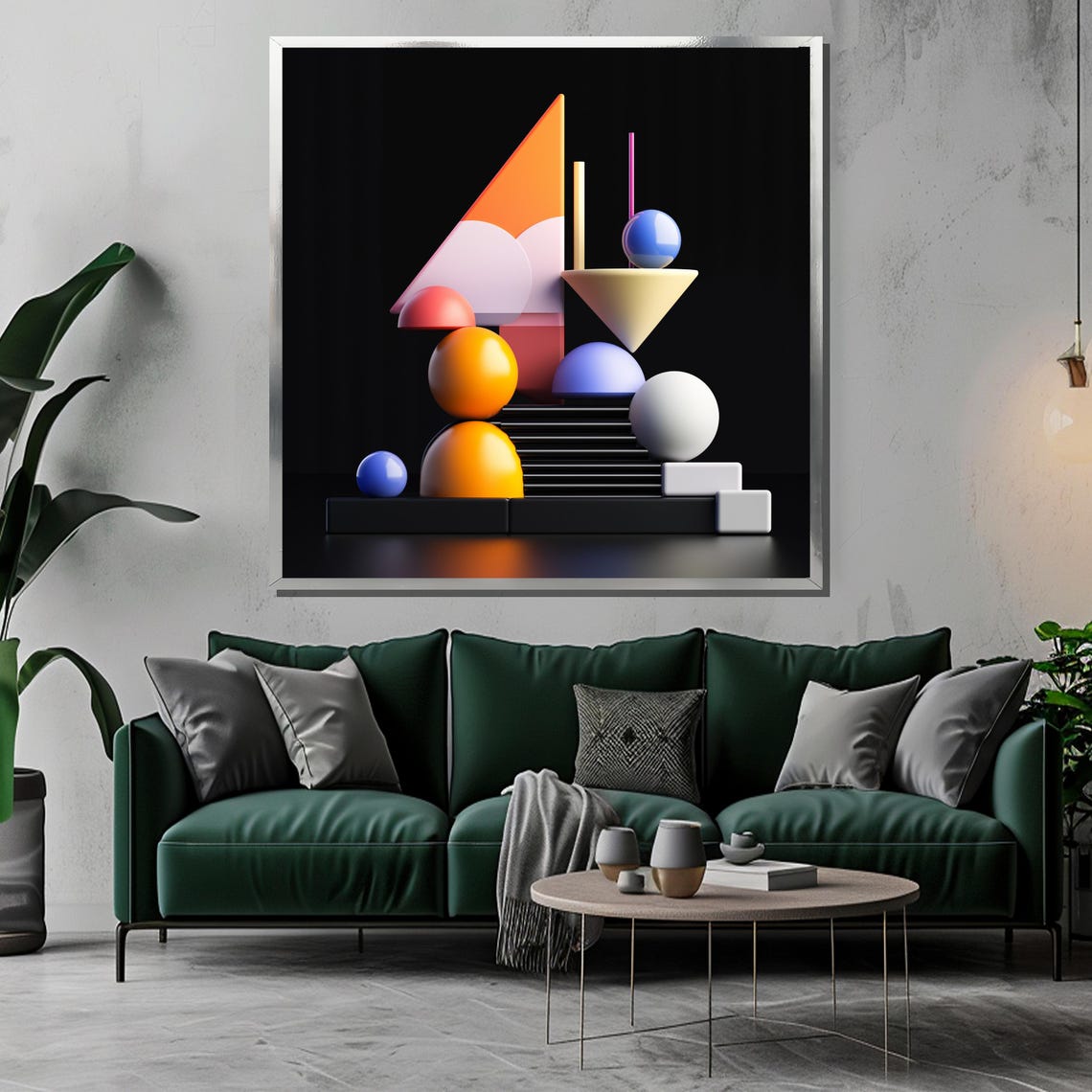 3D Geometric Abstract Spheres Cones on Black Background Poster - Image 3
