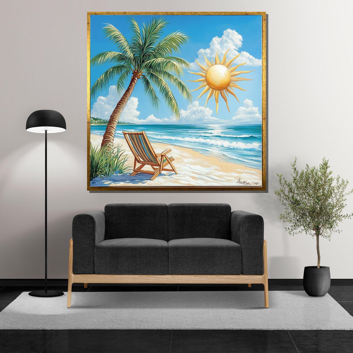 Sunny Tropical Beach with Palm Tree Chair and Bright Sun Poster - Image 5