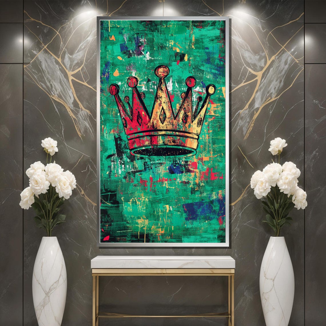 Red and Gold Crown on Emerald Green Abstract Background Poster - Image 3