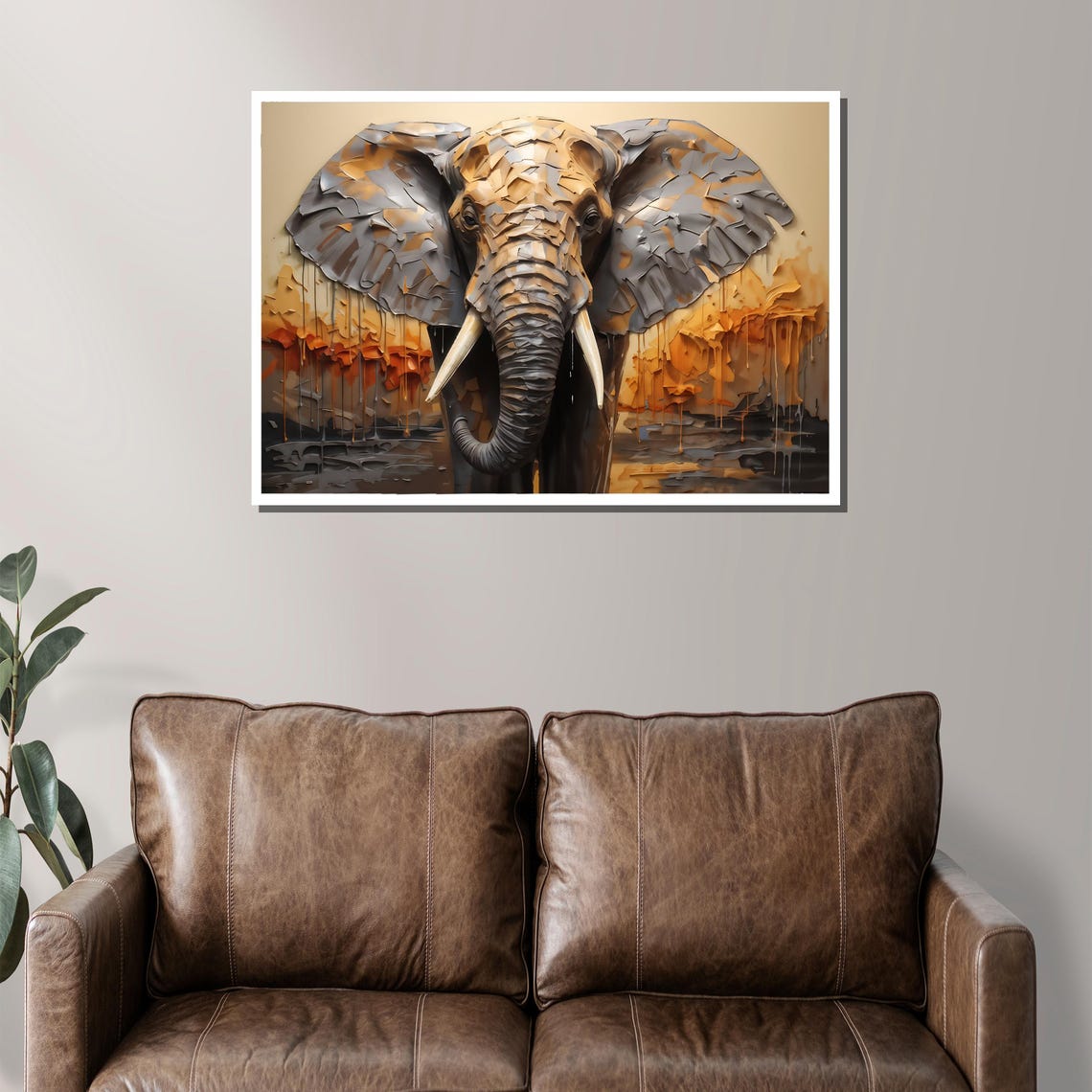 Textured 3D Elephant Head In Gray And Gold High Relief Style Poster - Image 2