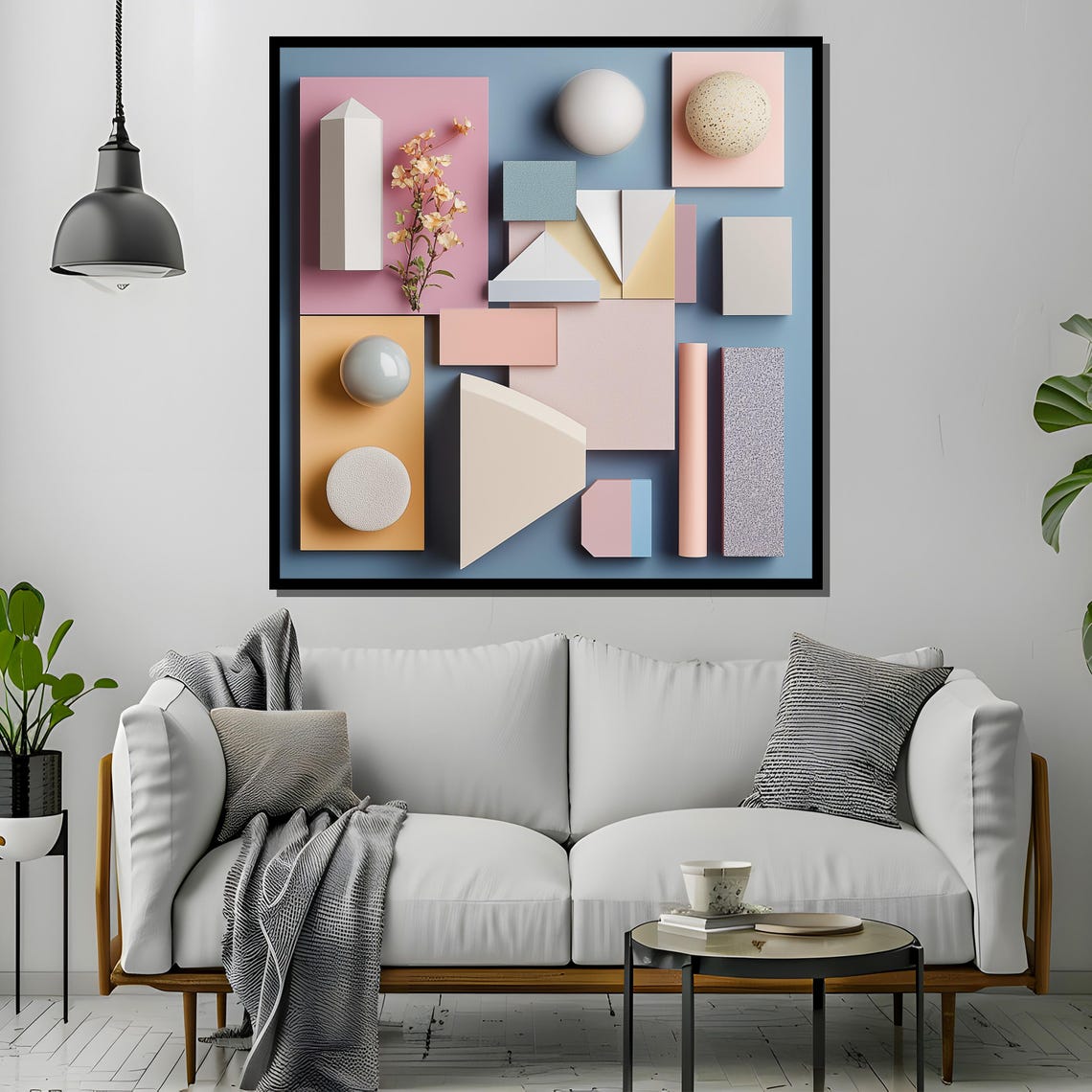 Soft Pastel Geometric Blocks with Spheres and Blossom Branch Poster - Image 4