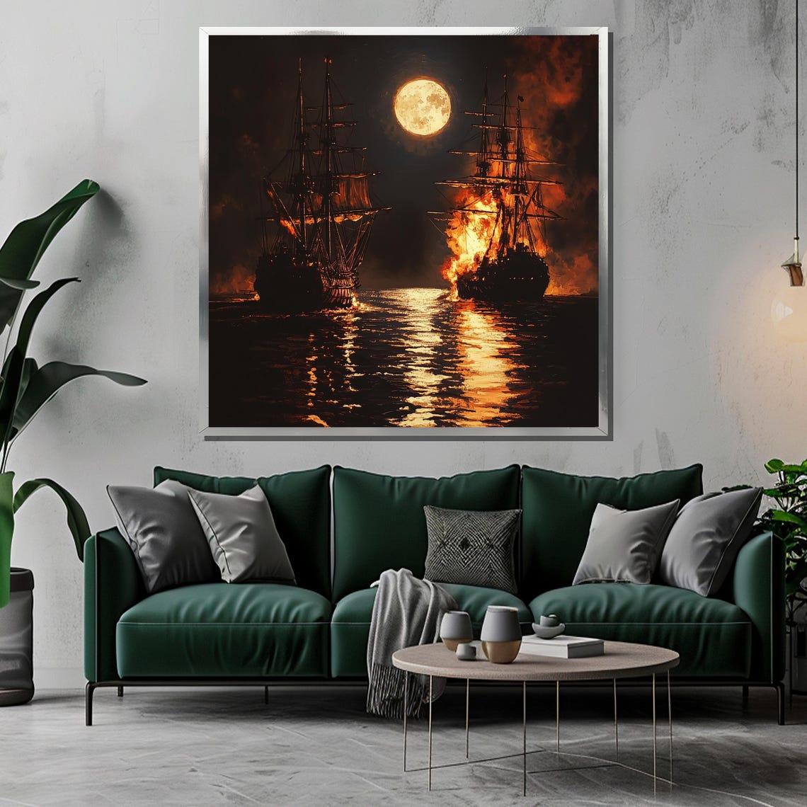 Dramatic Moonlit Sea Battle Painting Tall Ships In Conflict Fire And Moonlight Scene Perfect Nautical Art Gift For History Lovers - Image 3