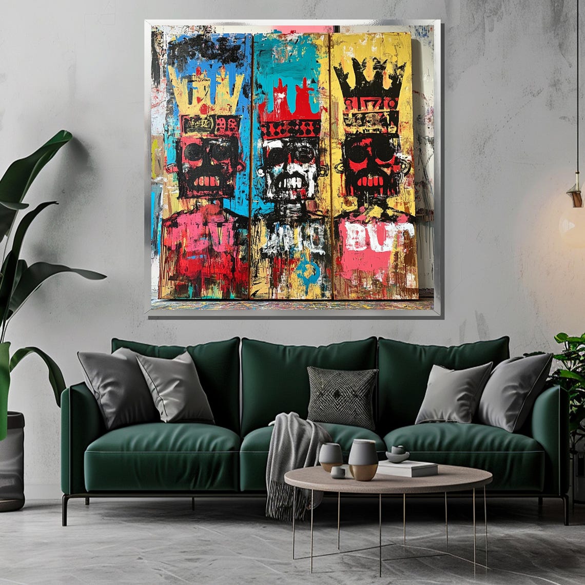 Basquiat-Inspired Triptych of Three Crowned Skull Kings Art Poster - Image 3