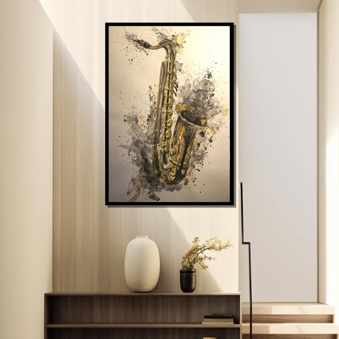Golden Saxophone Watercolor With Ink Splashes Painting Poster - Image 4