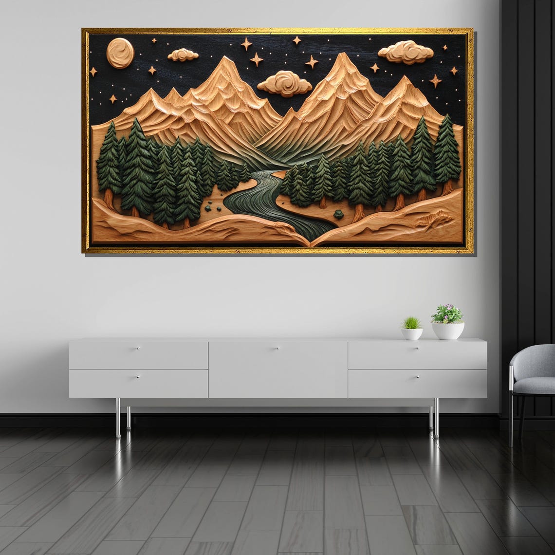 Starlit Mountain River Night Wood Carving Effect Style Poster - Image 5