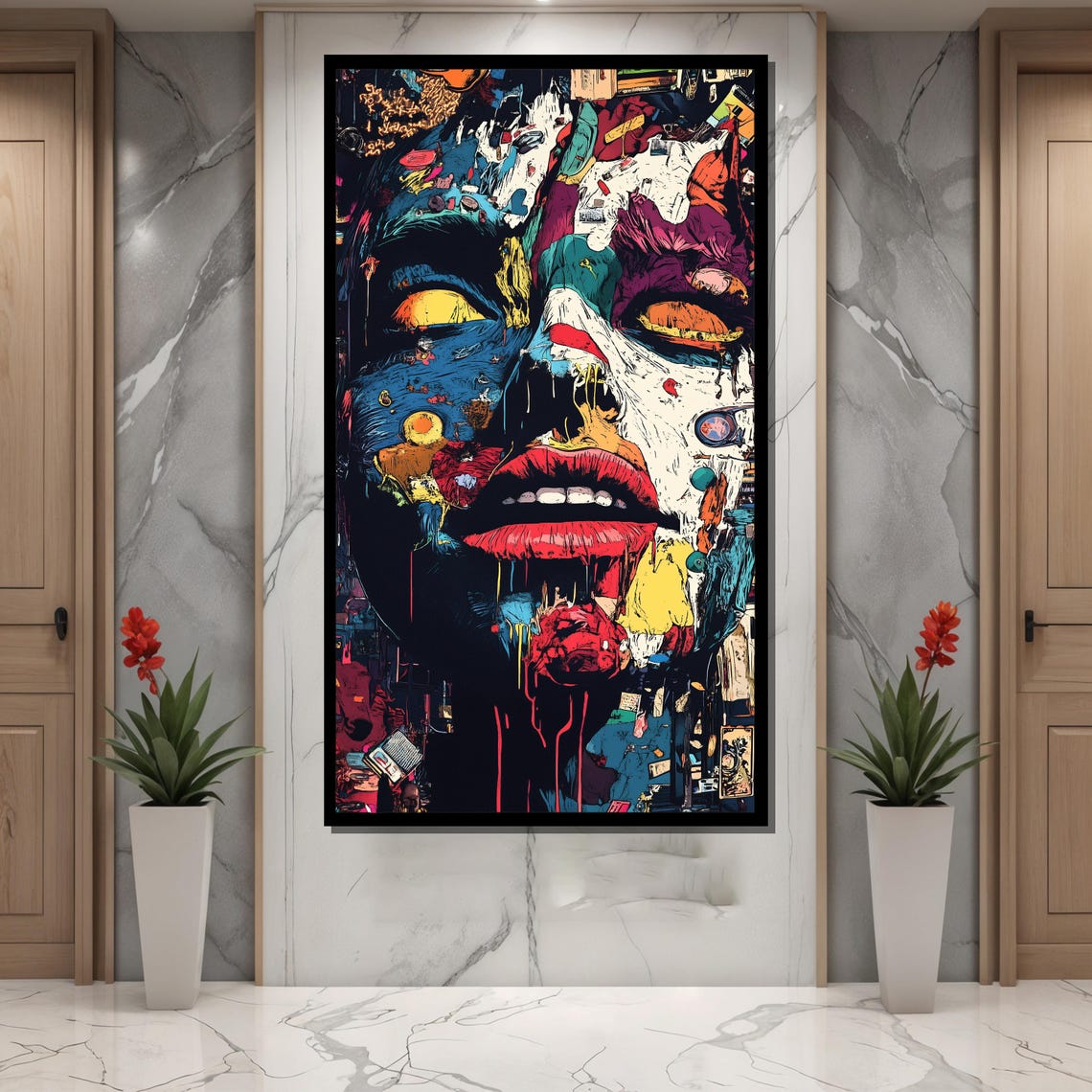 Abstract Pop Art Face Collage Blue Red Lips Street Style Poster - Image 4