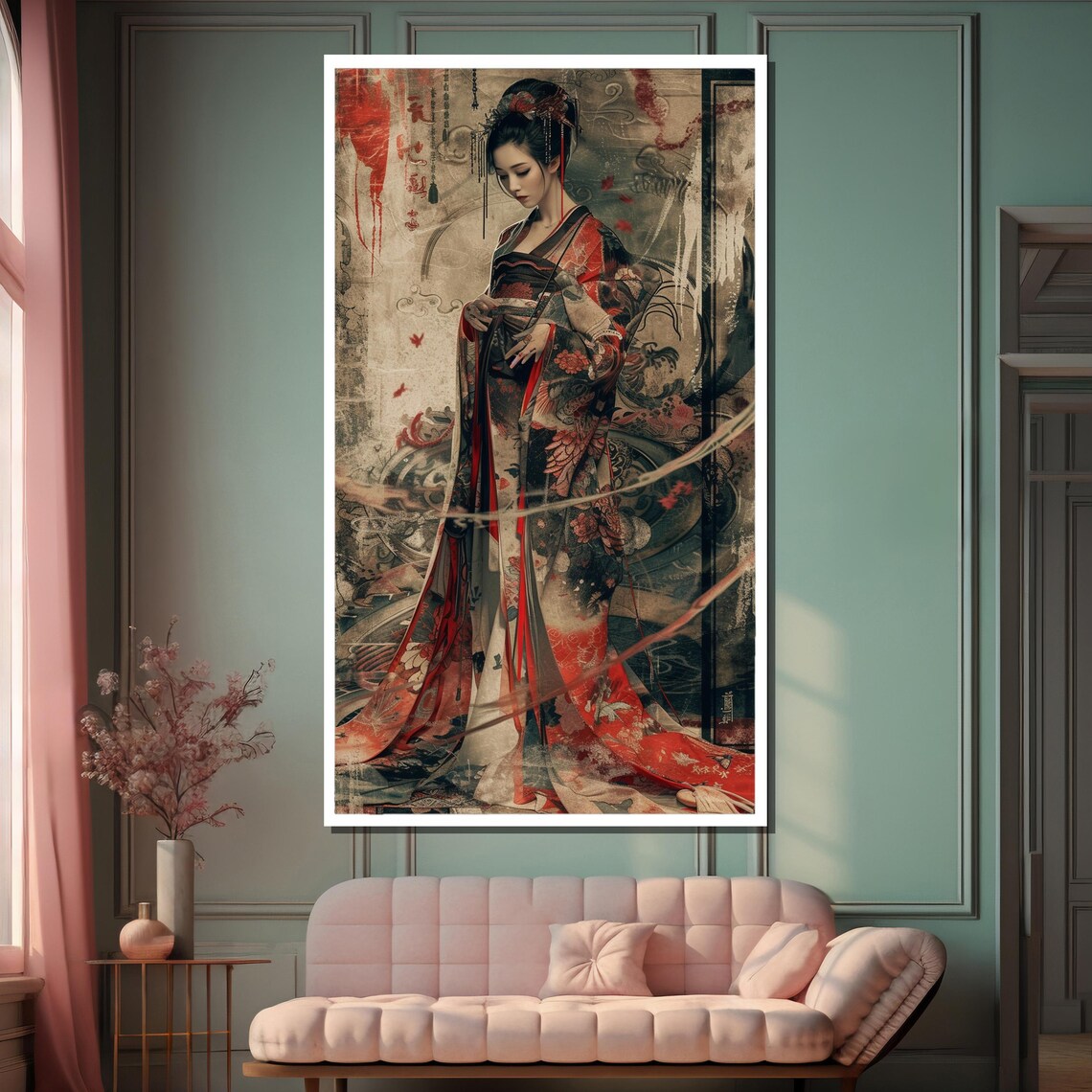 Traditional Japanese Woman in Ornate Red Kimono Vintage Art Poster - Image 2