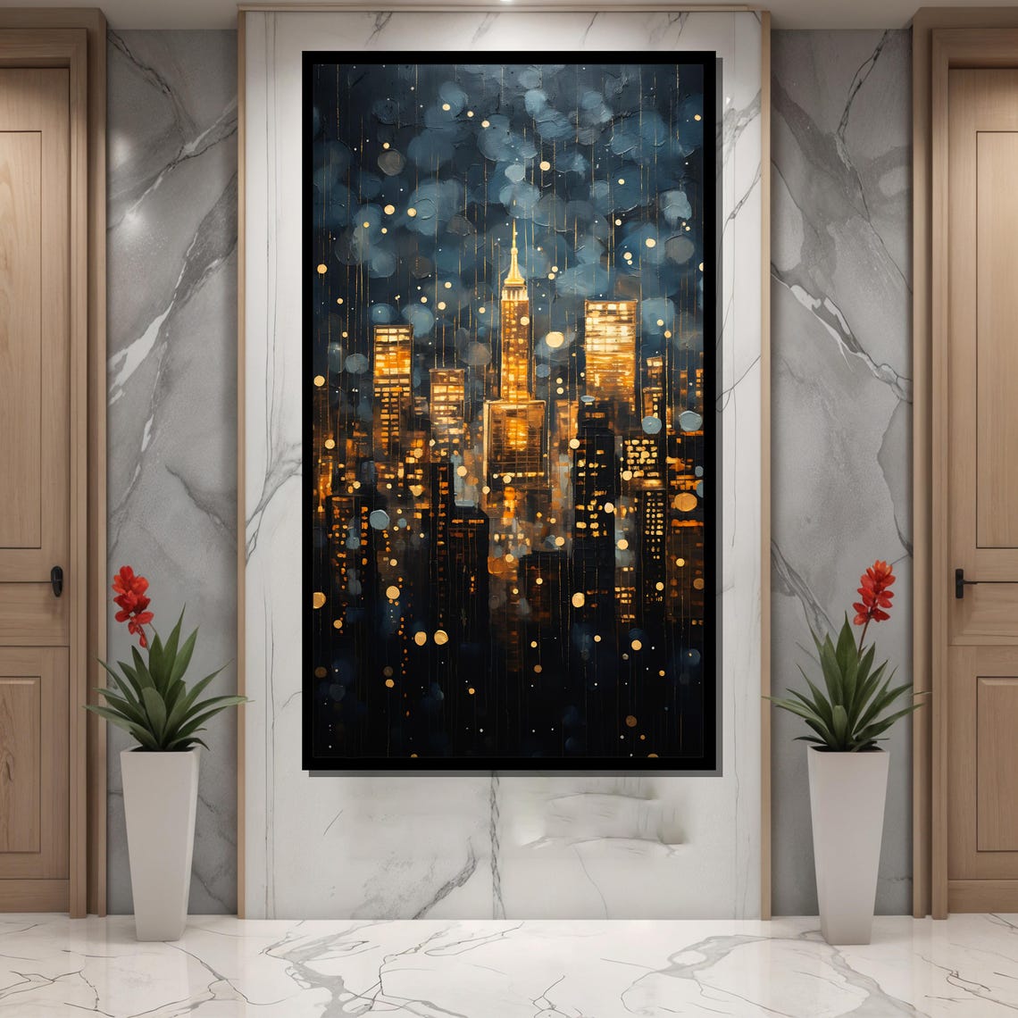Golden Manhattan Skyline at Night Abstract City Lights Poster - Image 4