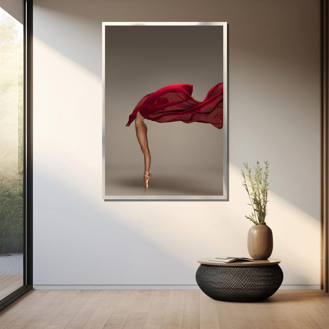 Graceful Ballerina Painting Modern Dance Art Gift With Flowing Red Fabric - Image 3