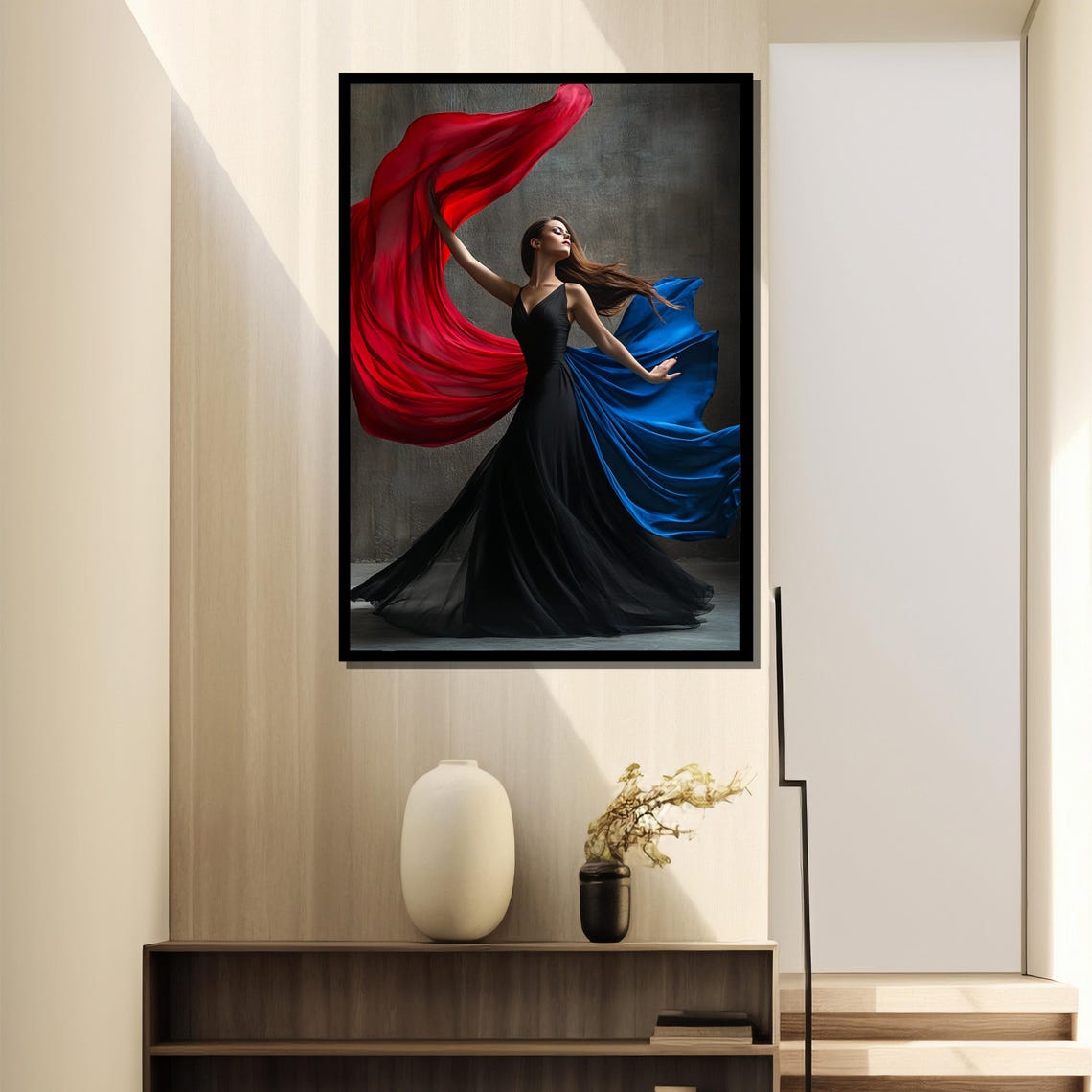 Dancer In Black Gown With Red And Blue Flowing Silk Sashes Poster - Image 4