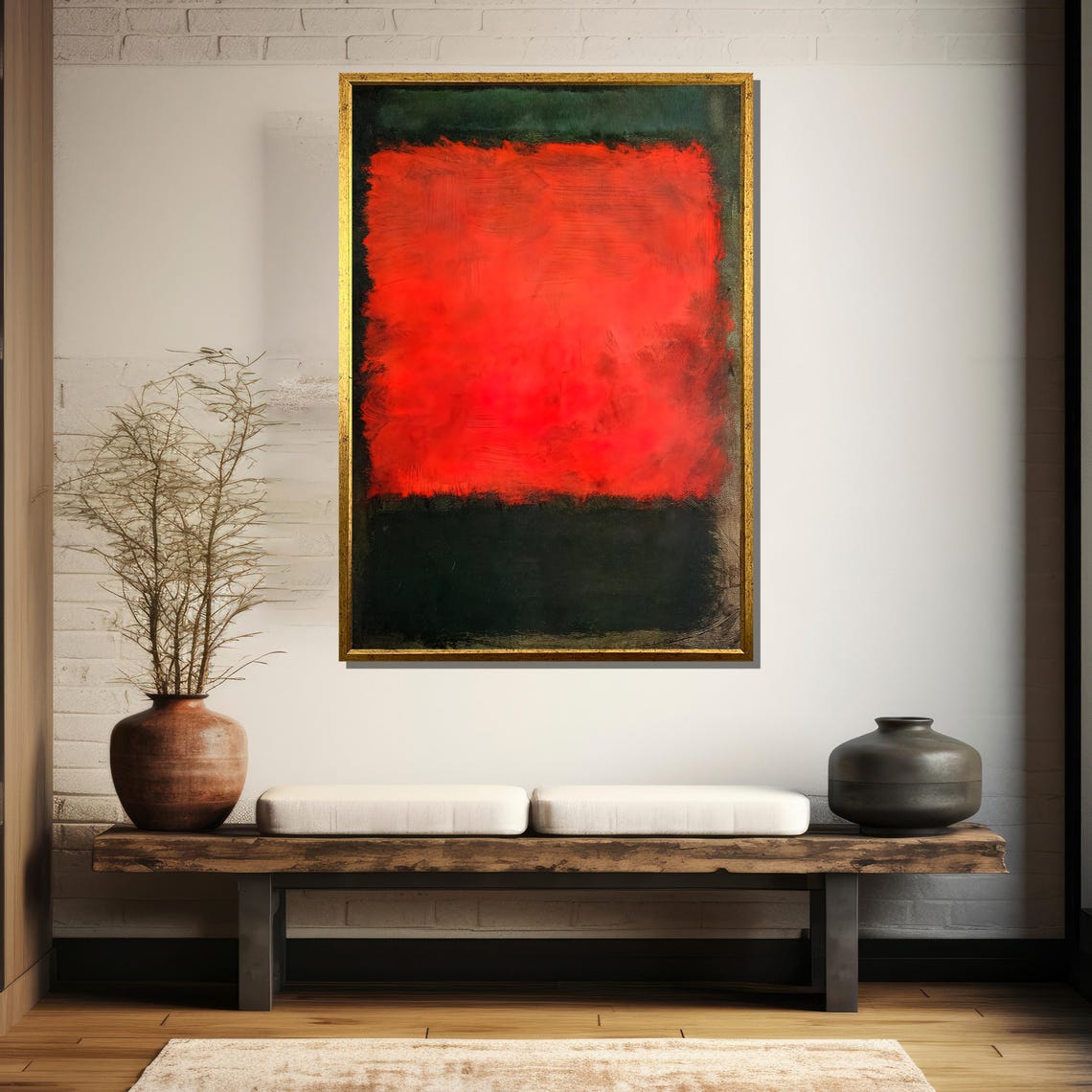 Fiery Red Floating Against Deep Green Abstract Color Field Poster - Image 5