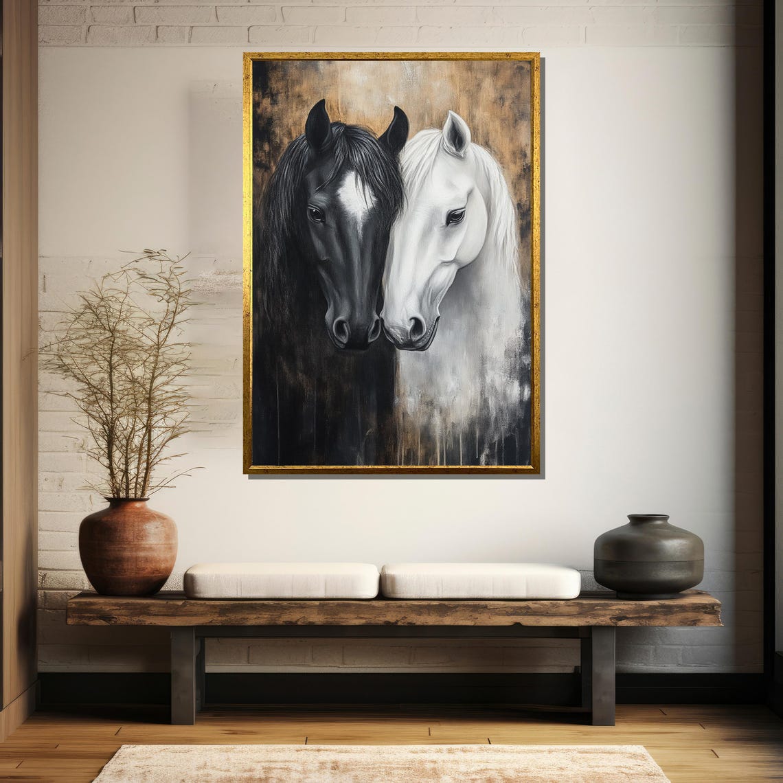 Black And White Horses Nuzzling Tender Dual Horse Portrait Art Poster - Image 5
