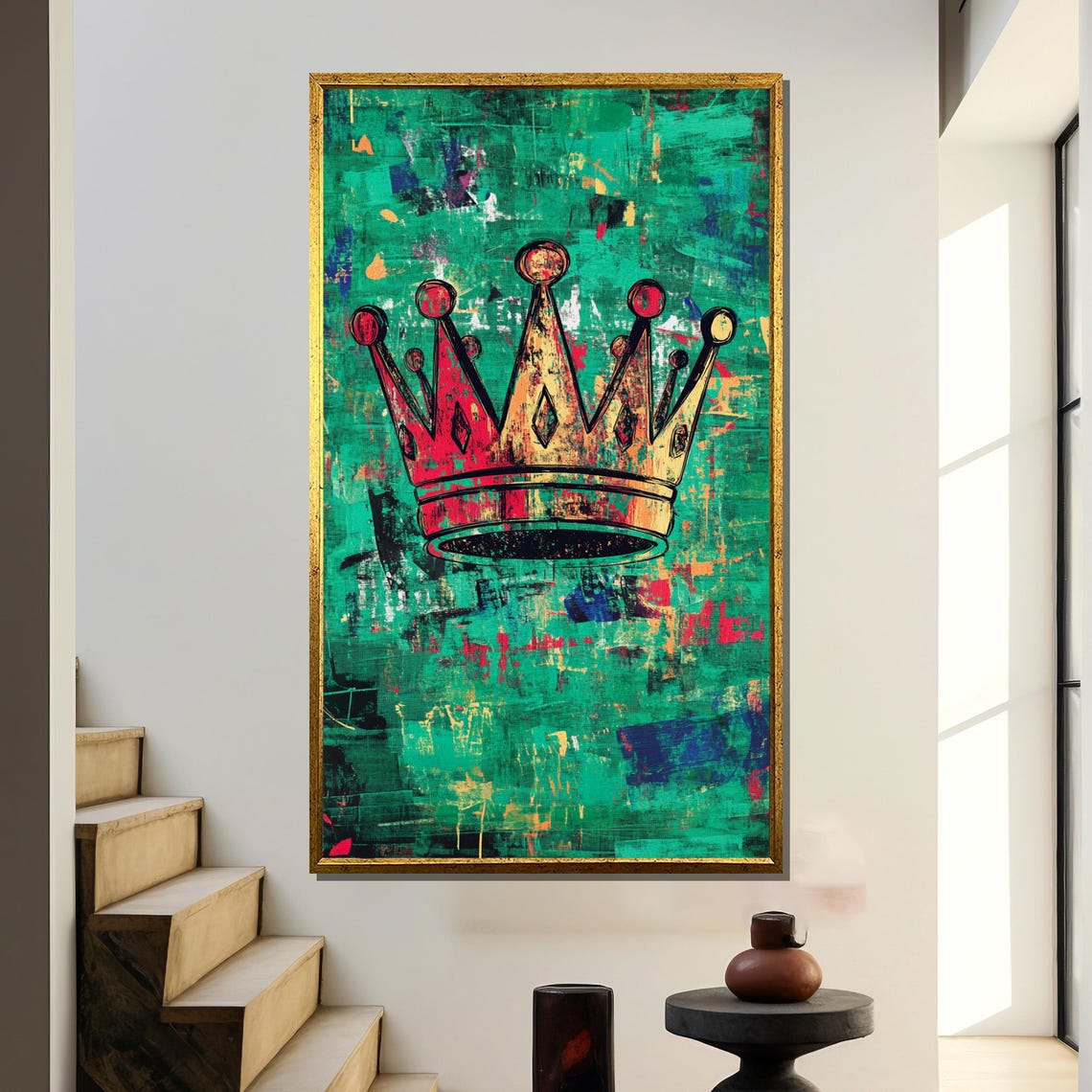 Red and Gold Crown on Emerald Green Abstract Background Poster