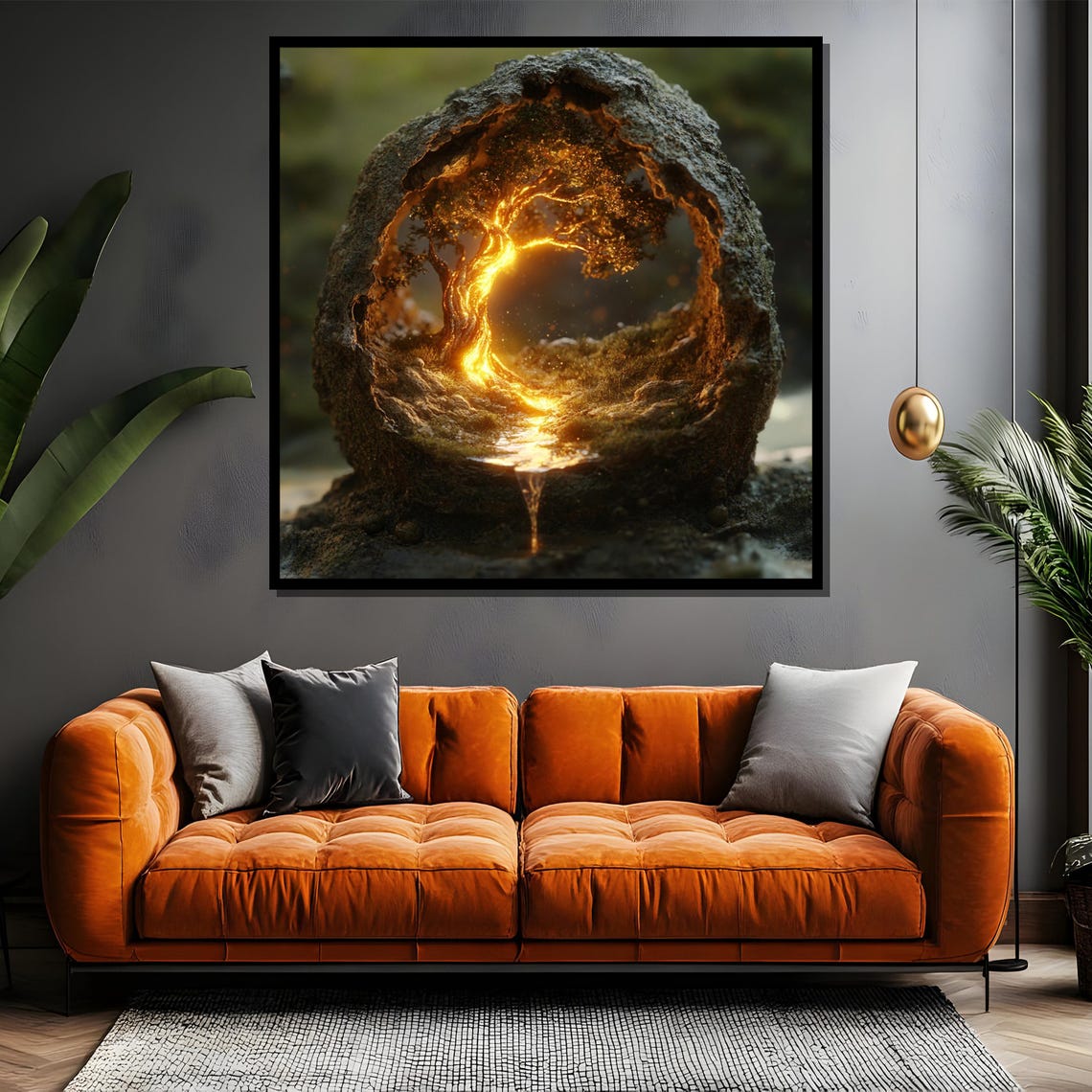 Glowing Golden Tree Inside Hollow Stone with Trickling Water Poster - Image 4