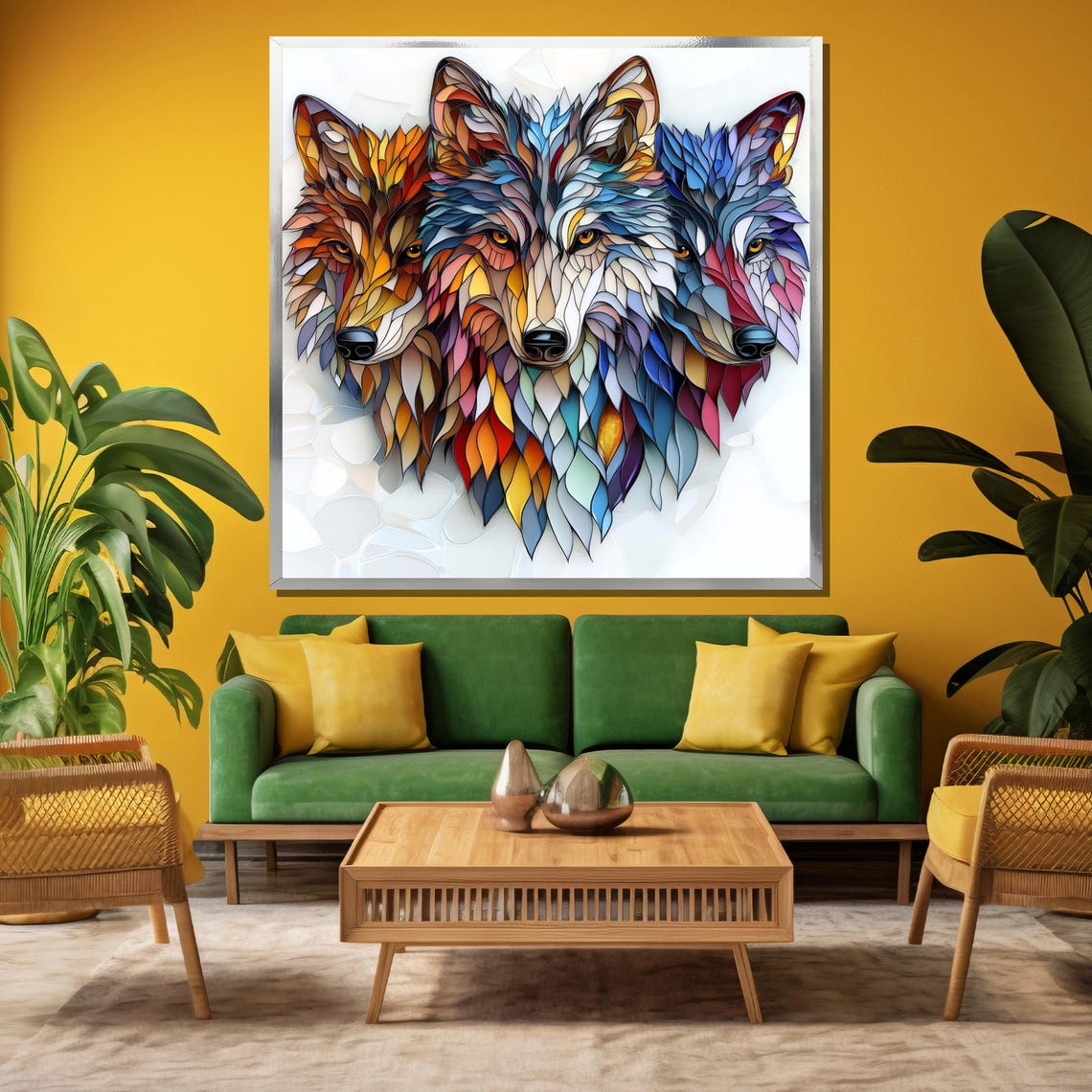 Three Colorful Mosaic Wolves in Vibrant Feather Pattern Modern Poster - Image 3