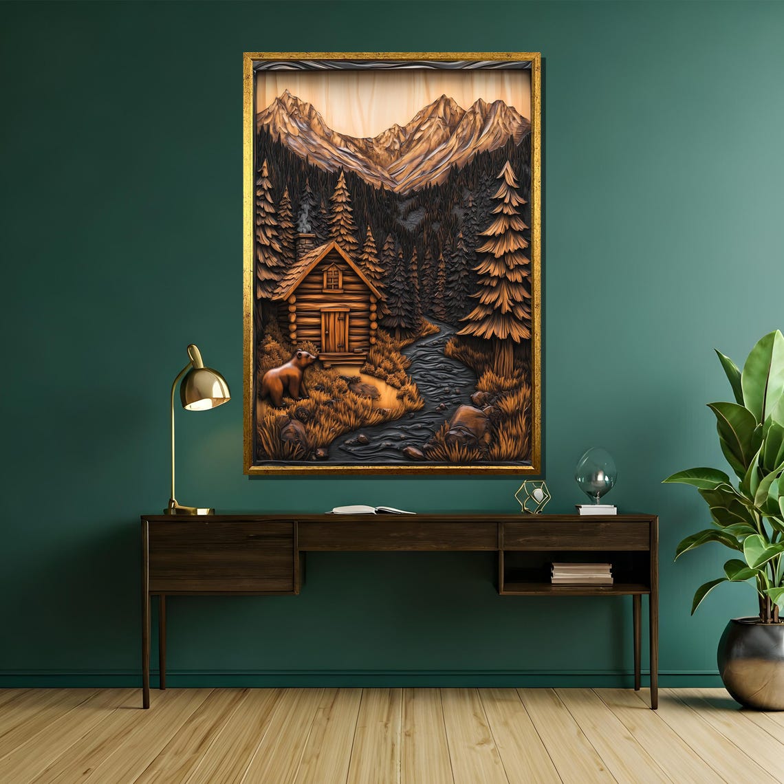 Cozy Rustic Log Cabin and Bear Wood Carving Effect Forest Poster - Image 5