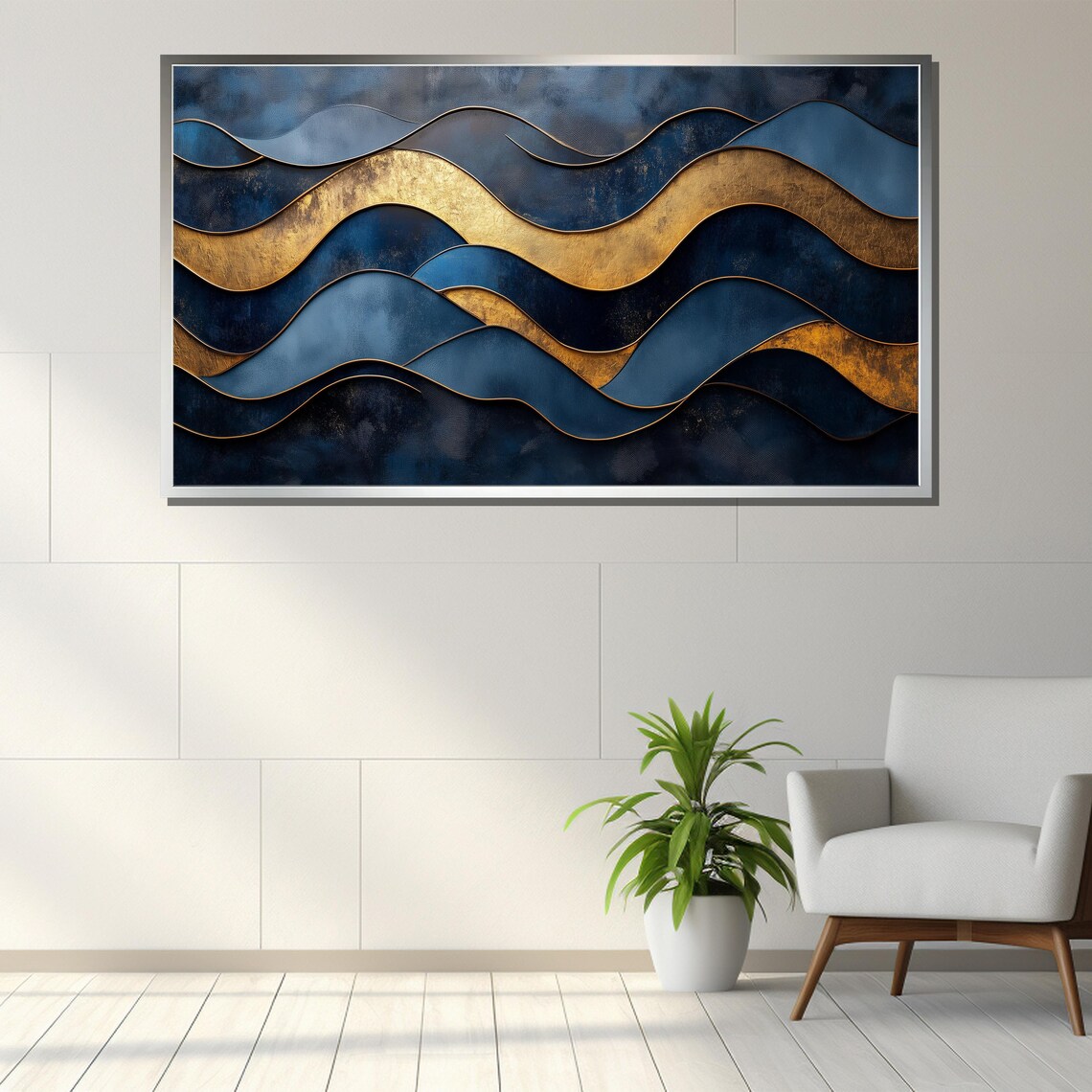 Luxury Blue And Gold Abstract Wave Sophisticated Wall Art For Modern And Elegant Interiors - Image 3