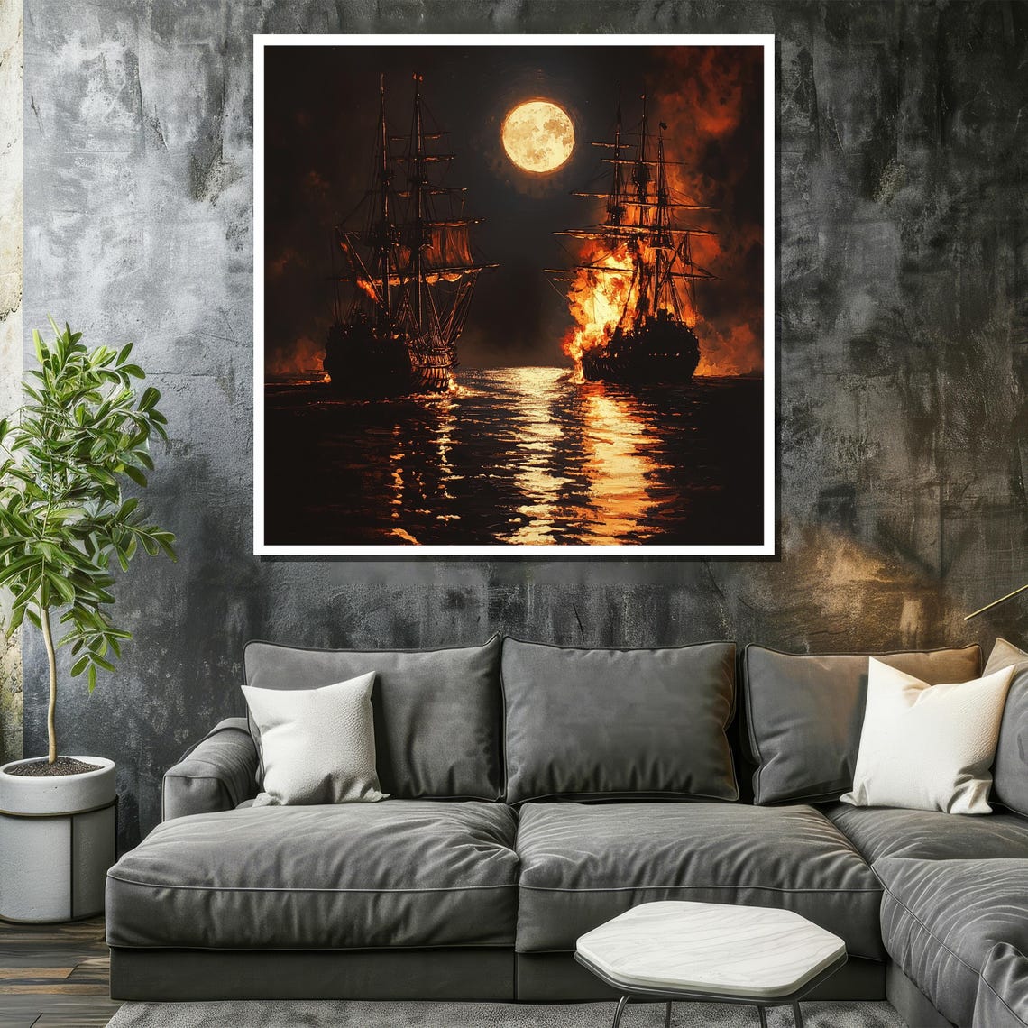 Dramatic Moonlit Sea Battle Painting Tall Ships In Conflict Fire And Moonlight Scene Perfect Nautical Art Gift For History Lovers - Image 2