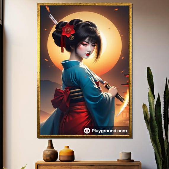 Empowered Geisha Samurai Painting With Katana Under Fiery Sun A Bold And Elegant Gift