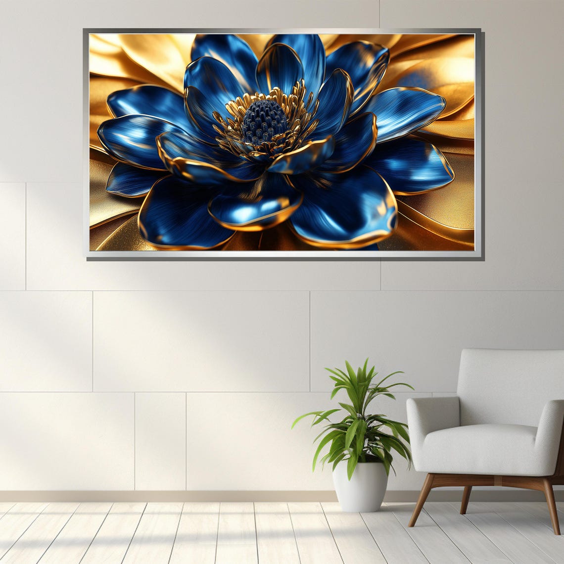 Metallic Blue And Gold Flower Luxury Botanical Elegant Decor Poster - Image 3