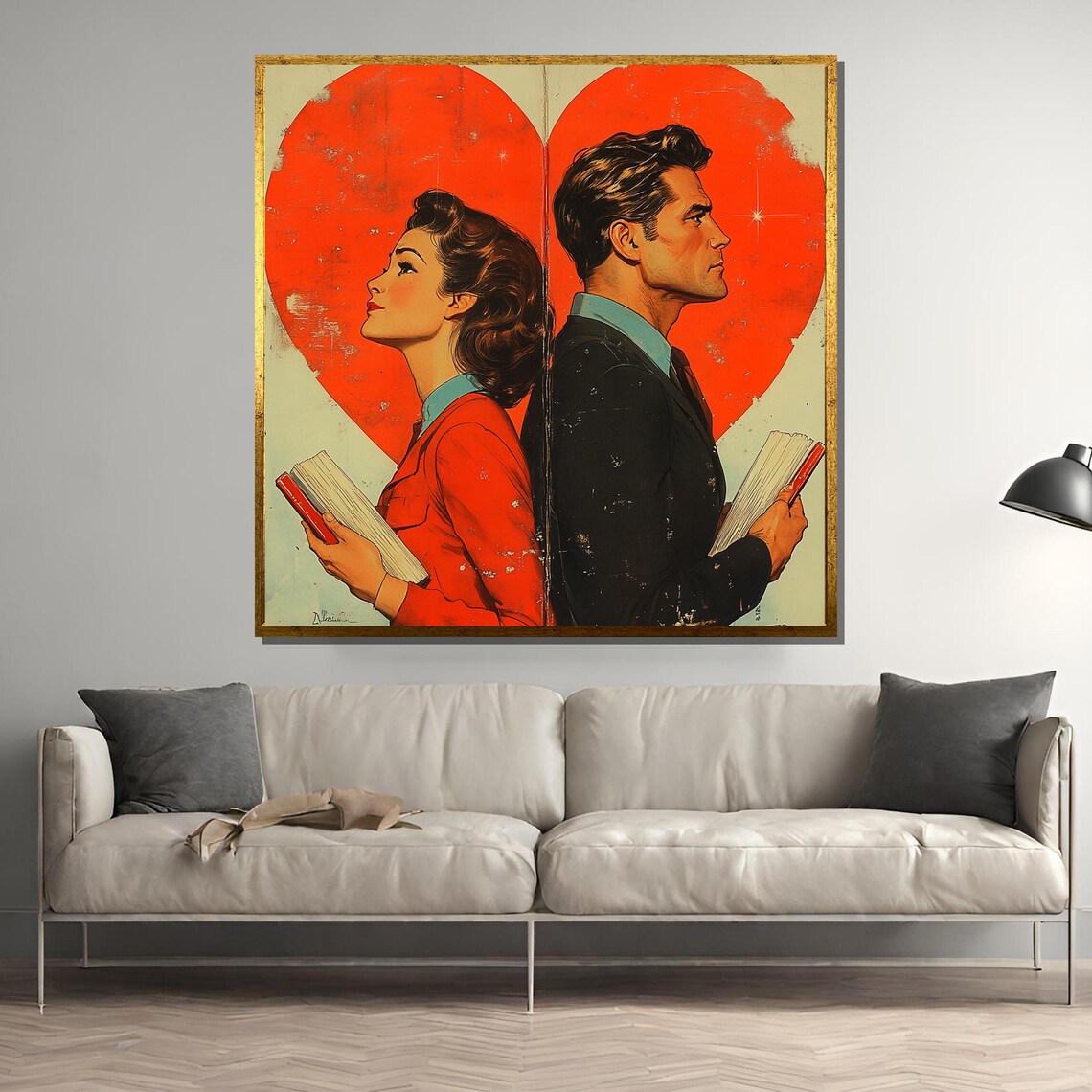 Retro 1950s Couple with Books in Front of Big Red Heart Poster