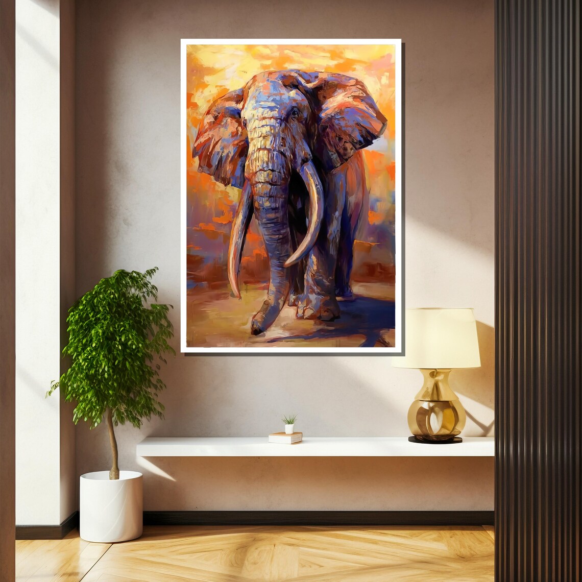 Elephant Walking Toward Viewer At Sunset Vibrant Impasto Wildlife Poster - Image 2