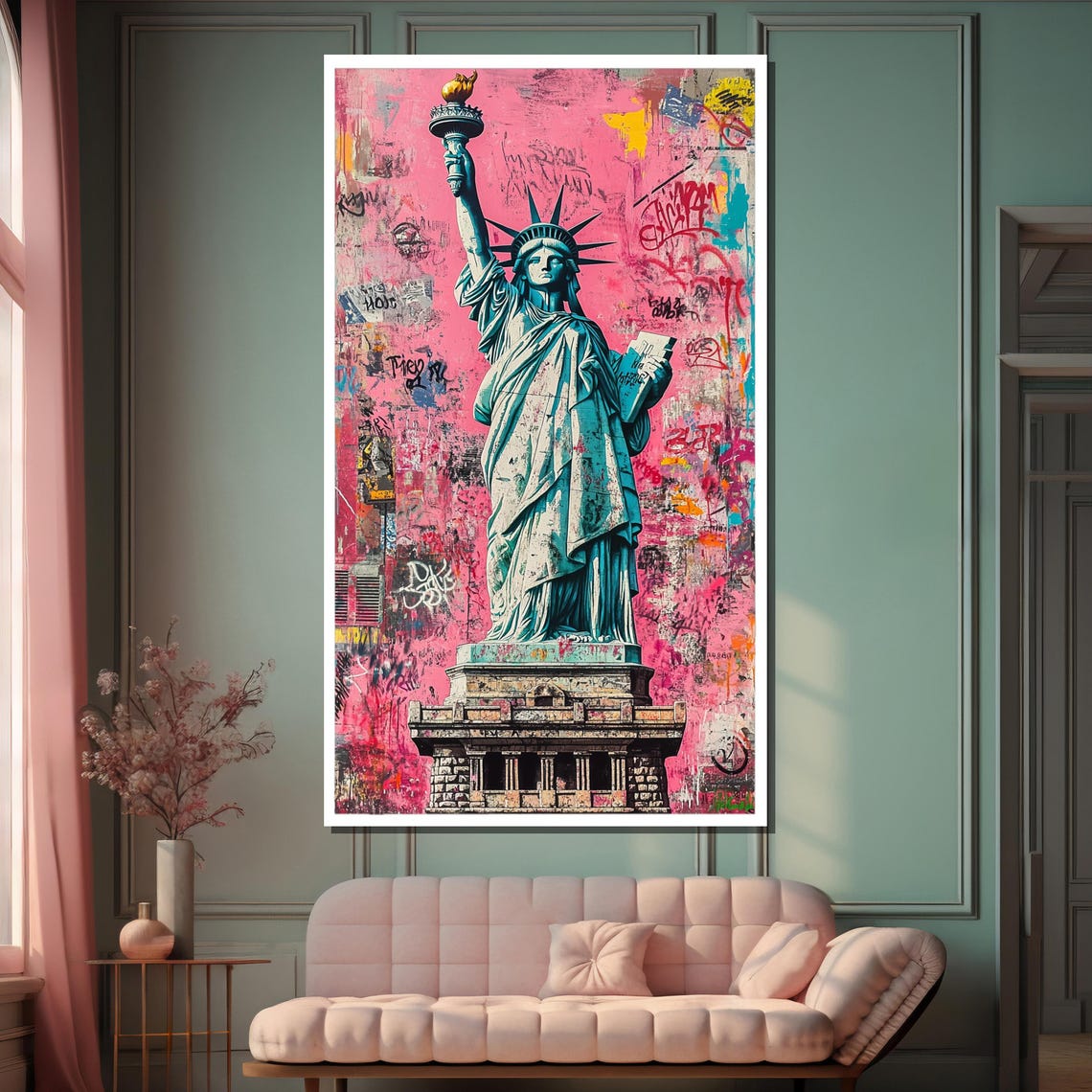 Statue Of Liberty Over Hot Pink Graffiti Street Art Background Poster - Image 2
