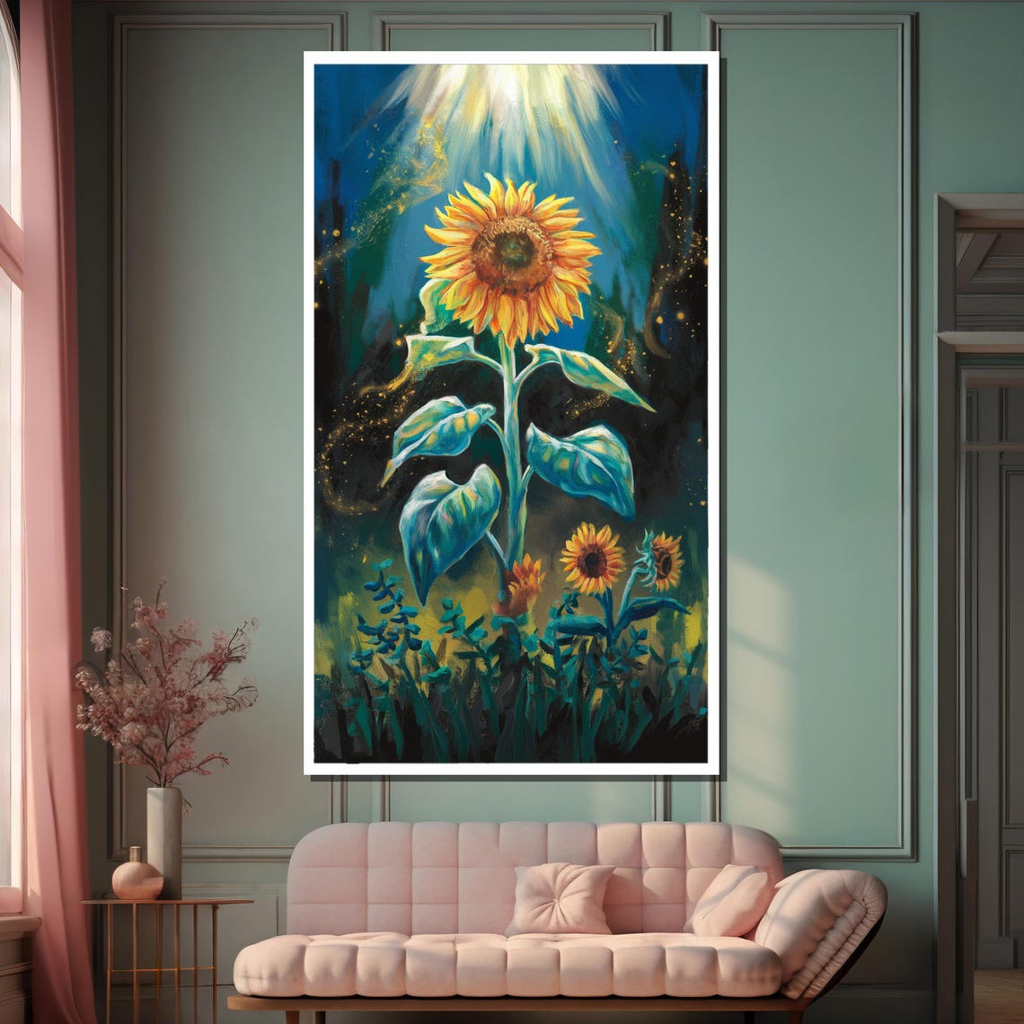Radiant Sunflower Bathed in Golden Light Against Night Sky Poster - Image 2