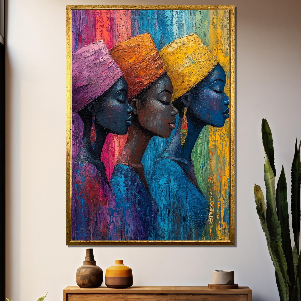 Three African Women Wearing Colorful Headwraps Painting Poster