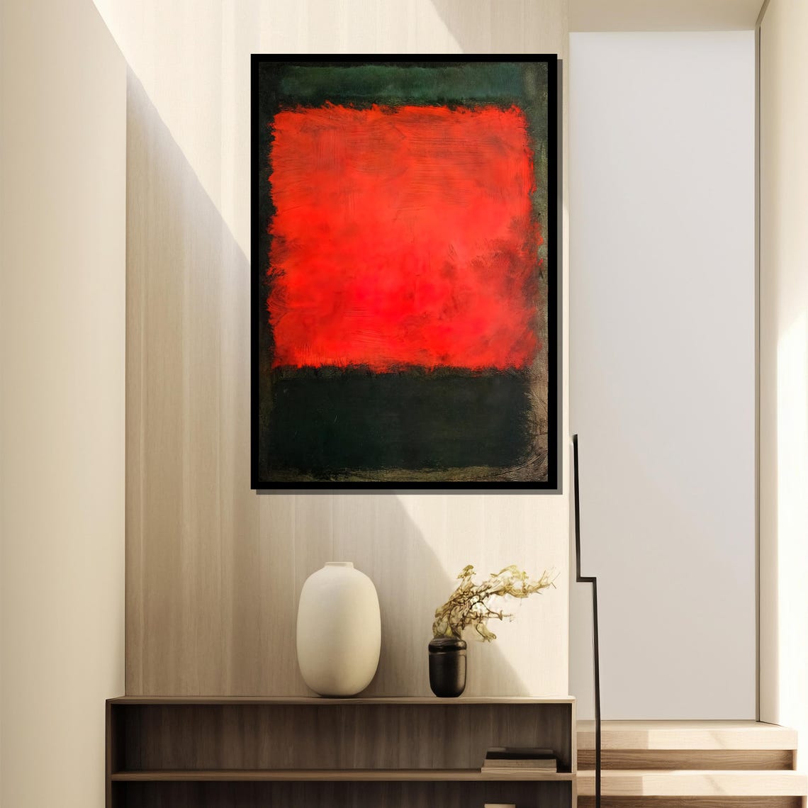 Fiery Red Floating Against Deep Green Abstract Color Field Poster - Image 4