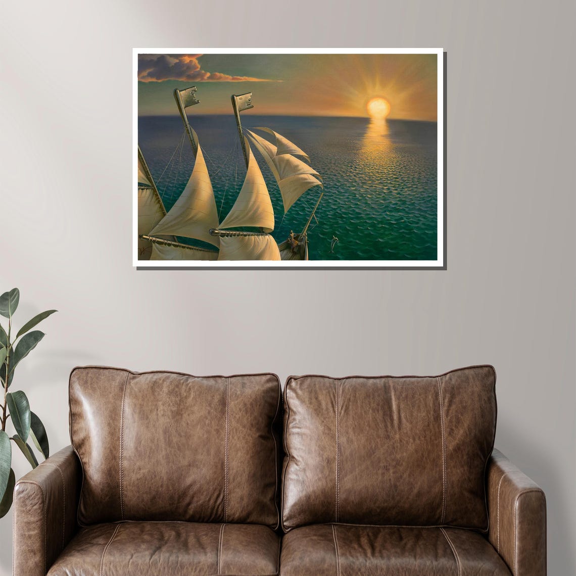 Surreal Ship With Key Masts At Sunset Painting Unique Nautical Art Gift For Surrealism Lovers Perfect For Wall Dcor - Image 2