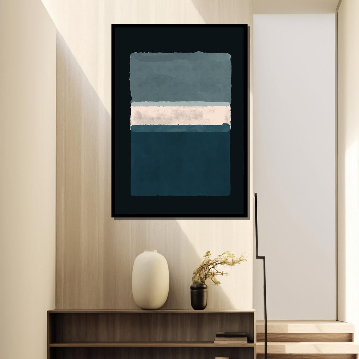 Calming Teal And Gray Watercolor Blocks On Black Abstract Poster - Image 4