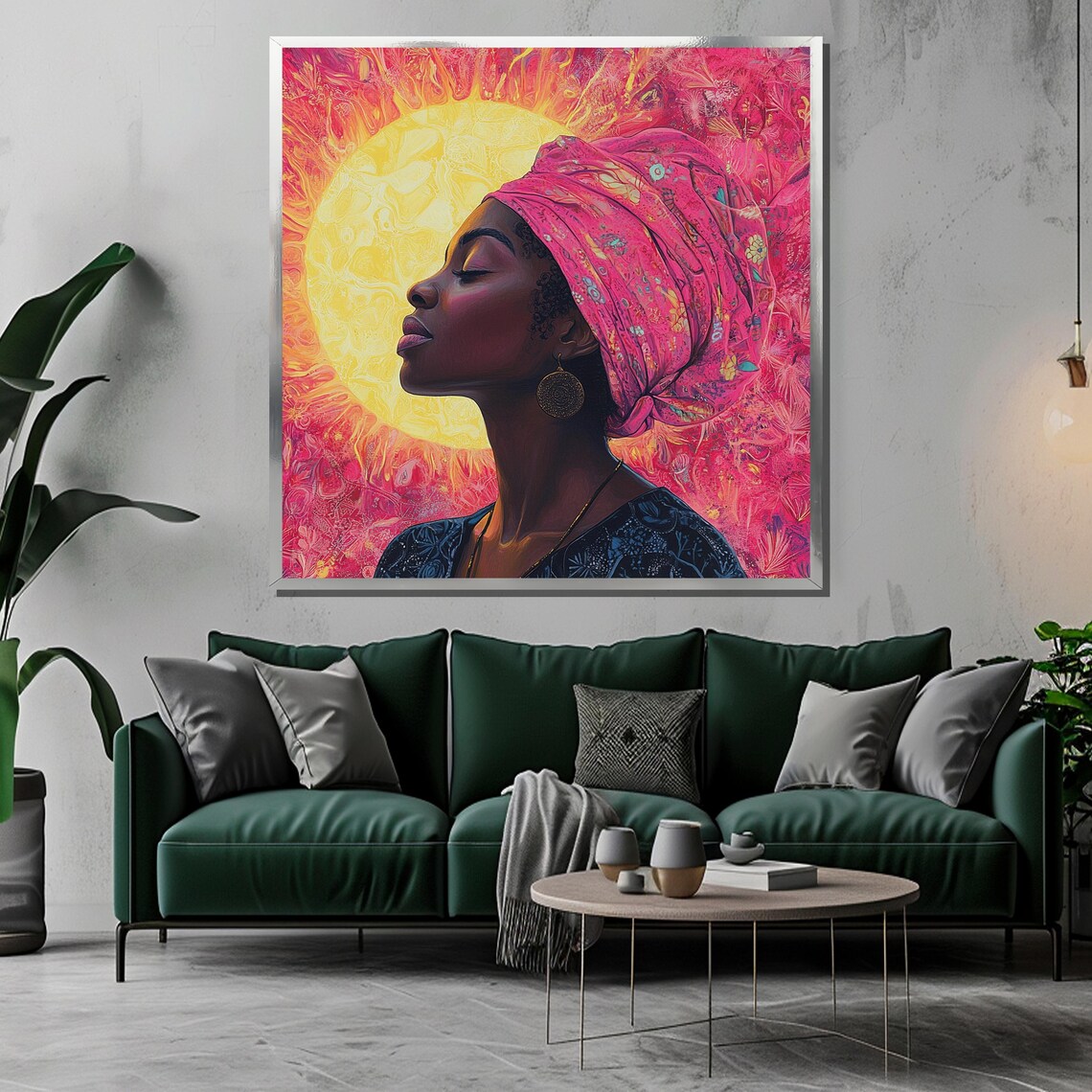 Radiant African Woman in Pink Headwrap Before Golden Sun Poster - Image 3