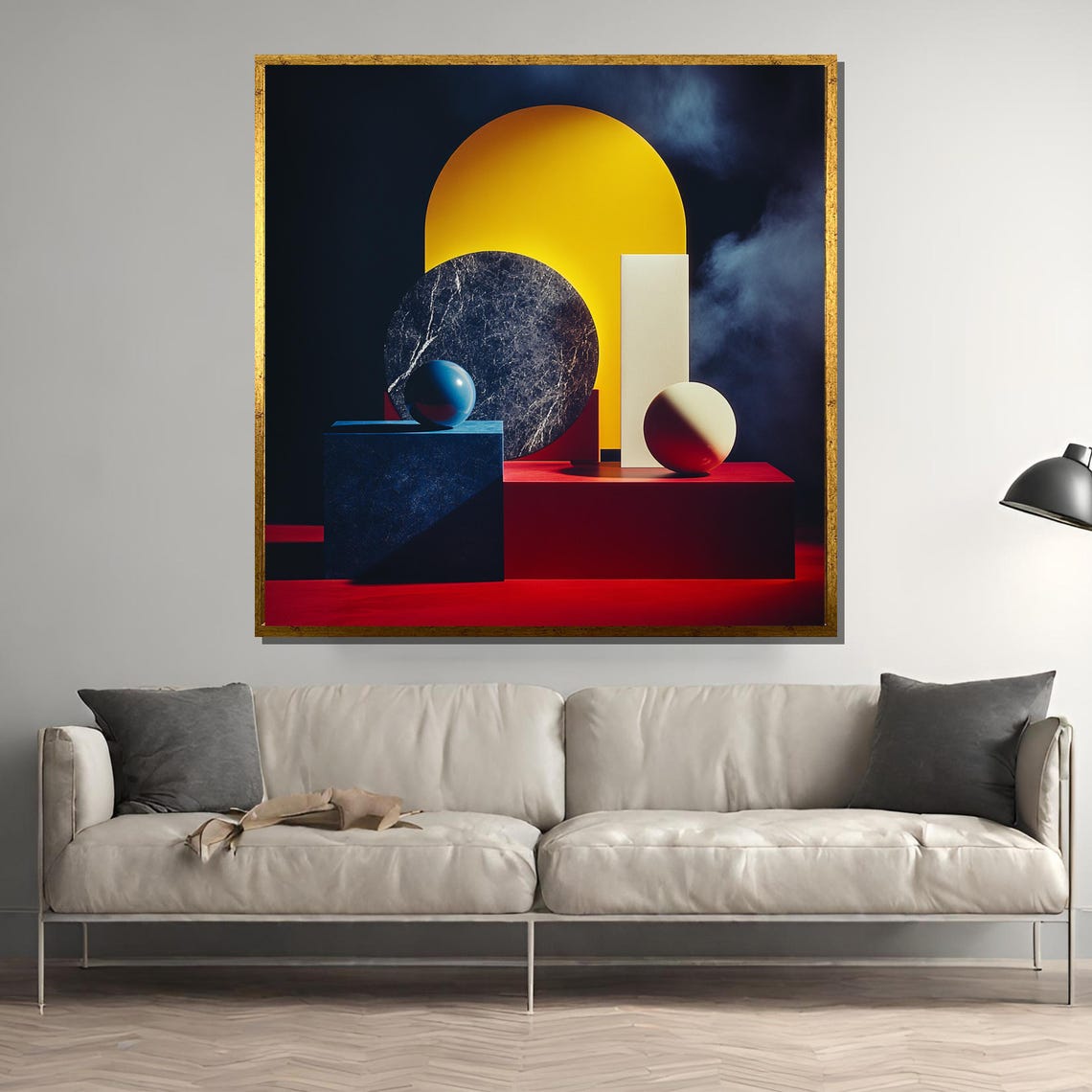 Dramatic Red and Blue Geometric Still Life with Yellow Arch Poster