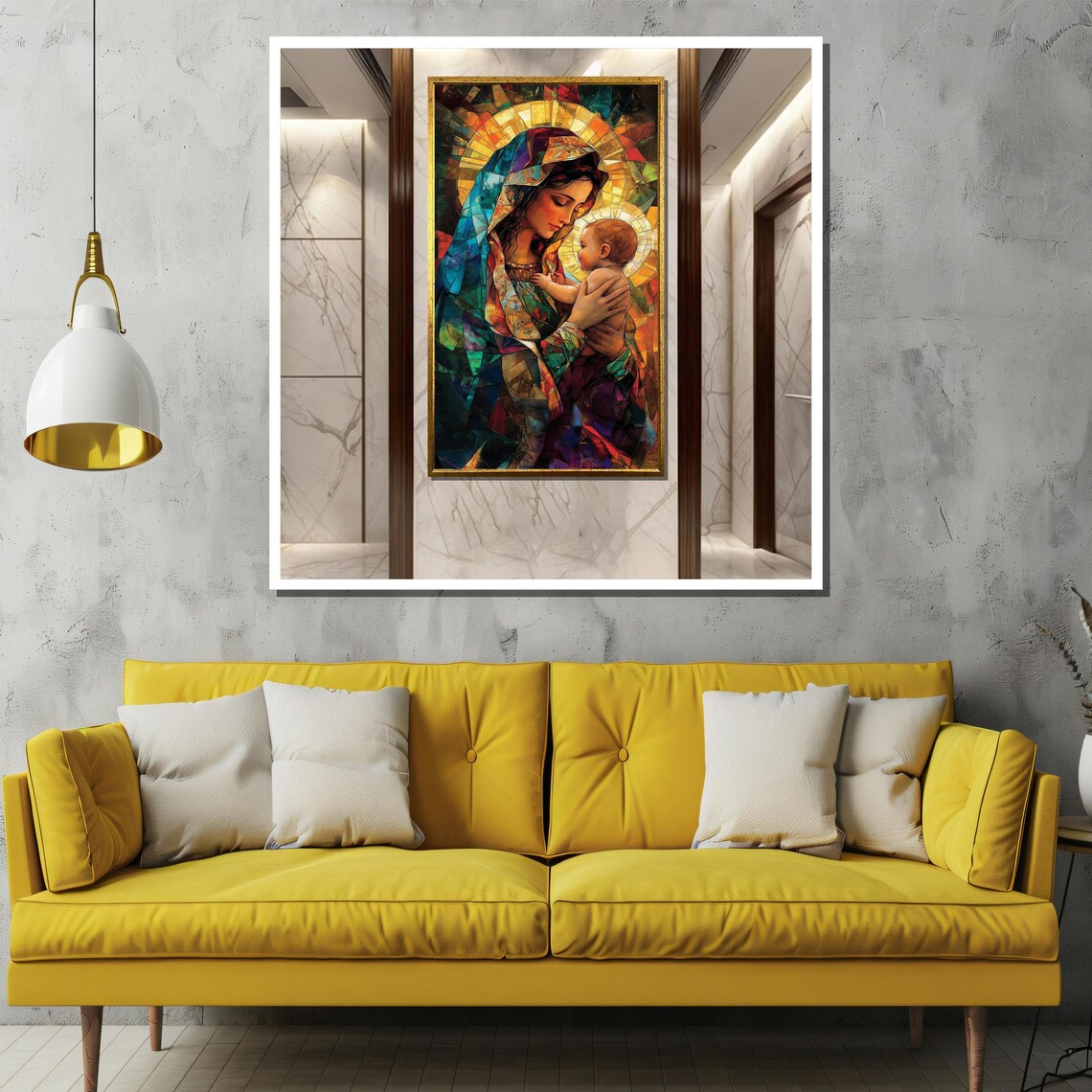 Colorful Stained Glass Madonna and Child Tender Devotional Poster - Image 2