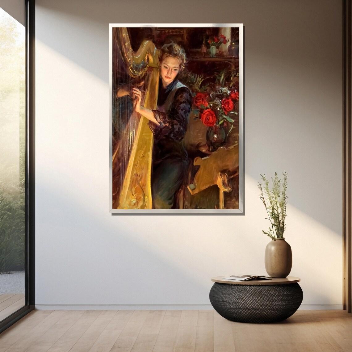 Woman Playing Golden Harp Beside A Vase Of Red Roses Painting Poster - Image 3