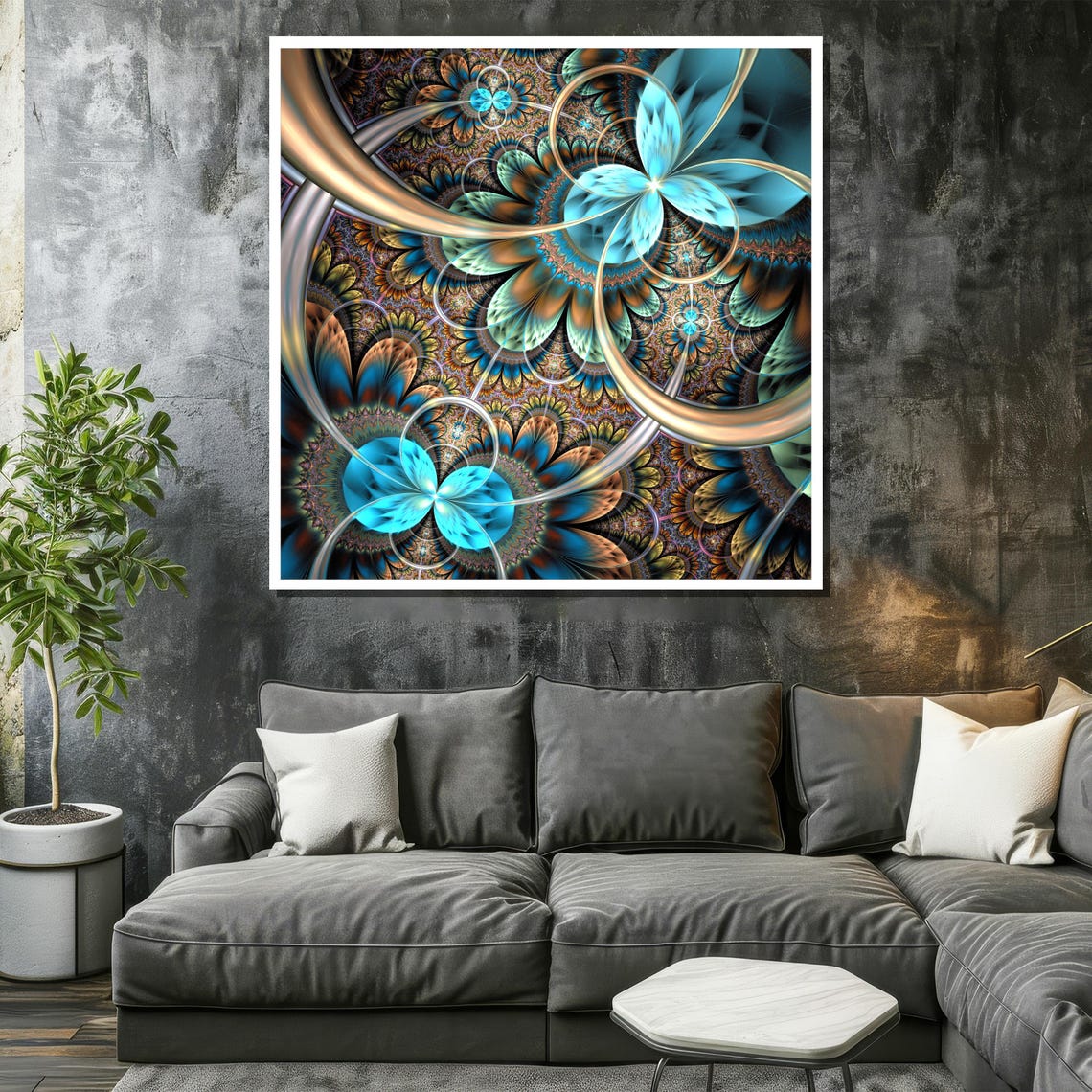 Glowing Turquoise and Amber Fractal Flower Abstract Art Poster - Image 2