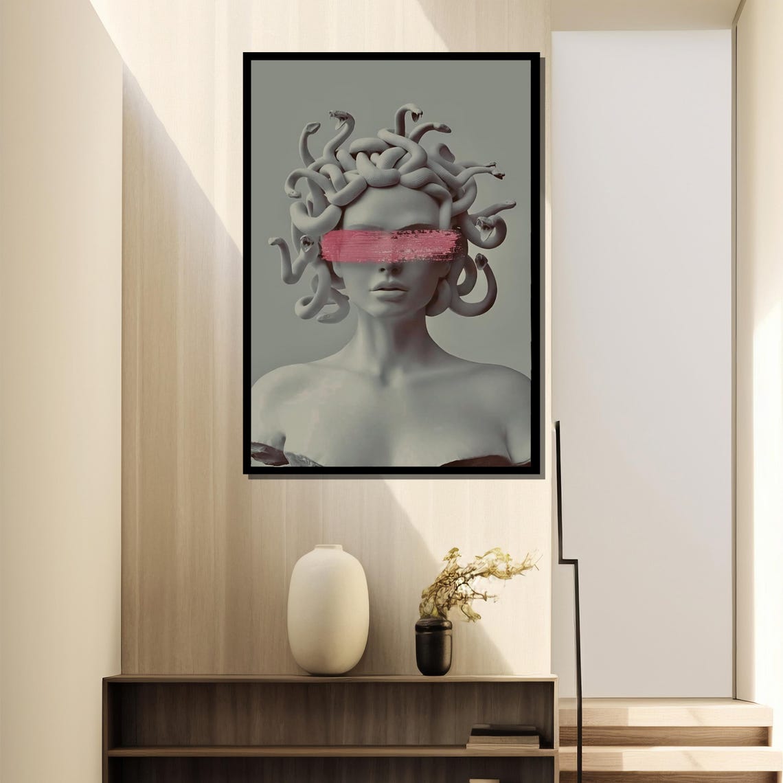 Grey Medusa Bust With Pink Brushstroke Across Closed Eyes Poster - Image 4