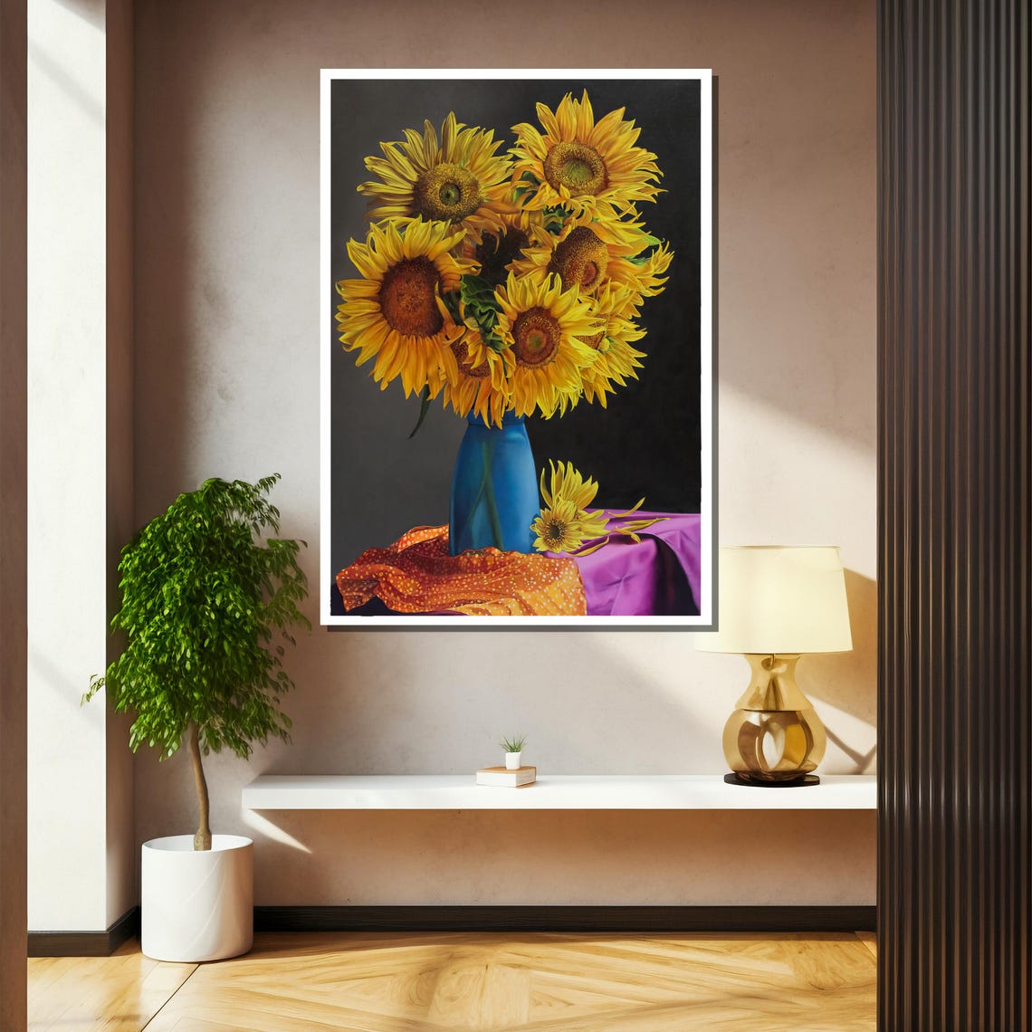 Sunflower Bouquet In Blue Vase Classic Dark Still Life Poster - Image 2