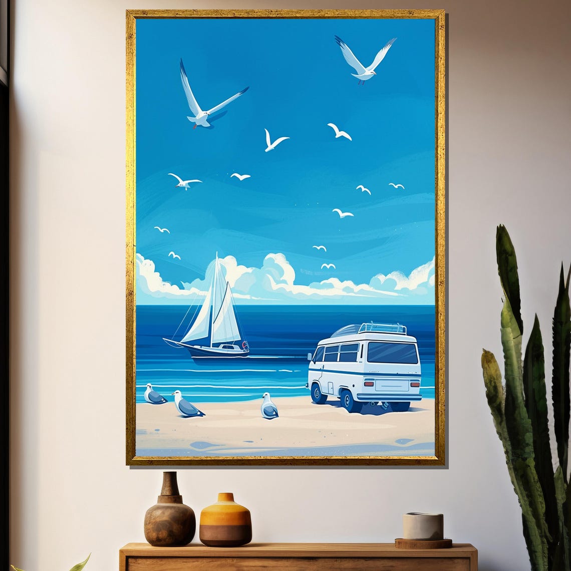 Beach Campervan With Sailboat And Soaring Seagulls Art Poster