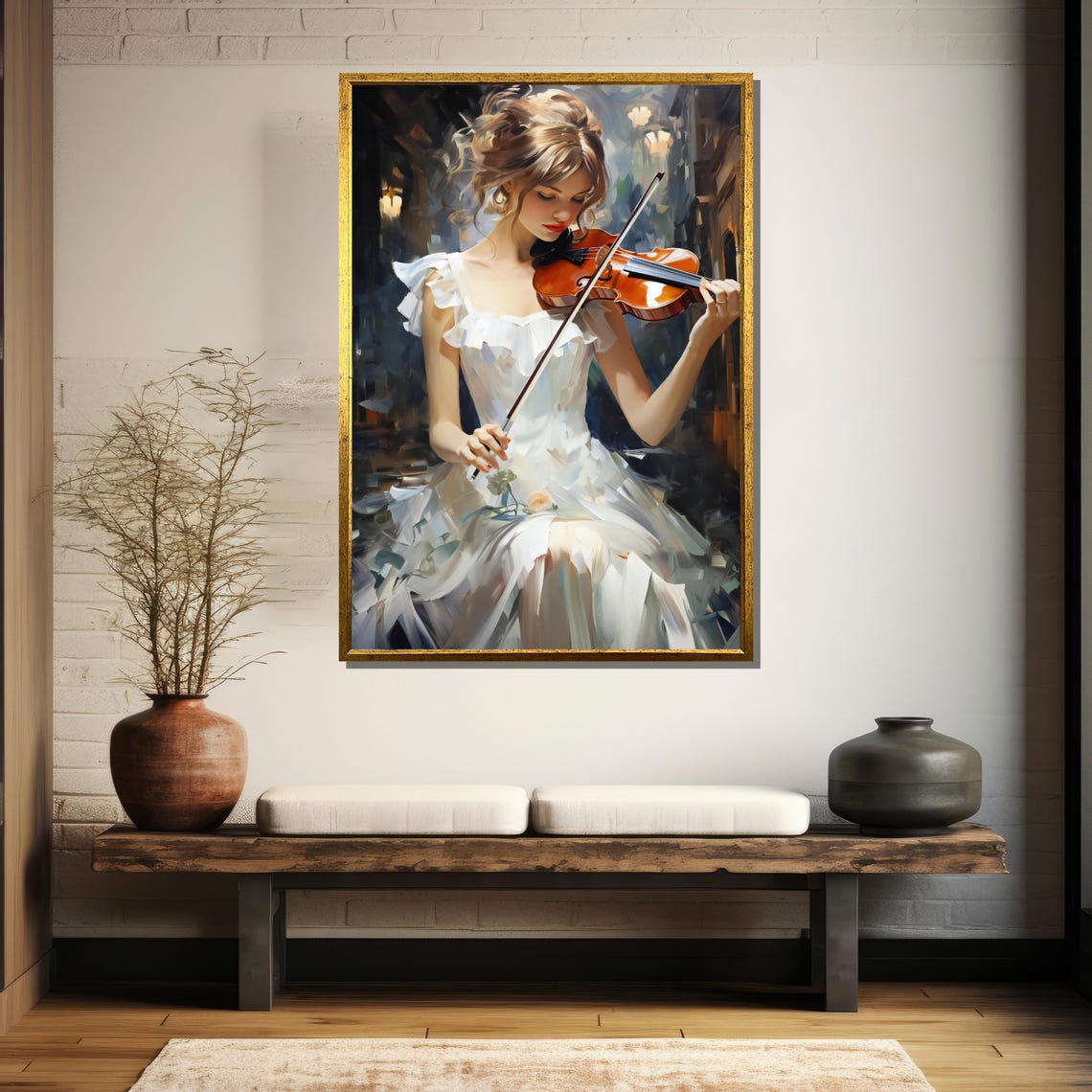 Woman In Flowing White Gown Playing Violin Oil Painting Poster - Image 5