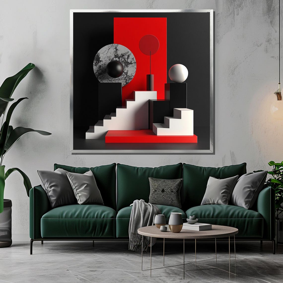 Black Red and White Geometric Stairs and Moon Abstract Poster - Image 3