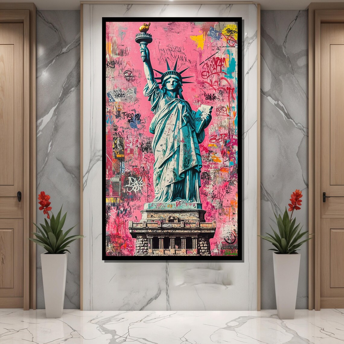 Statue Of Liberty Over Hot Pink Graffiti Street Art Background Poster - Image 4