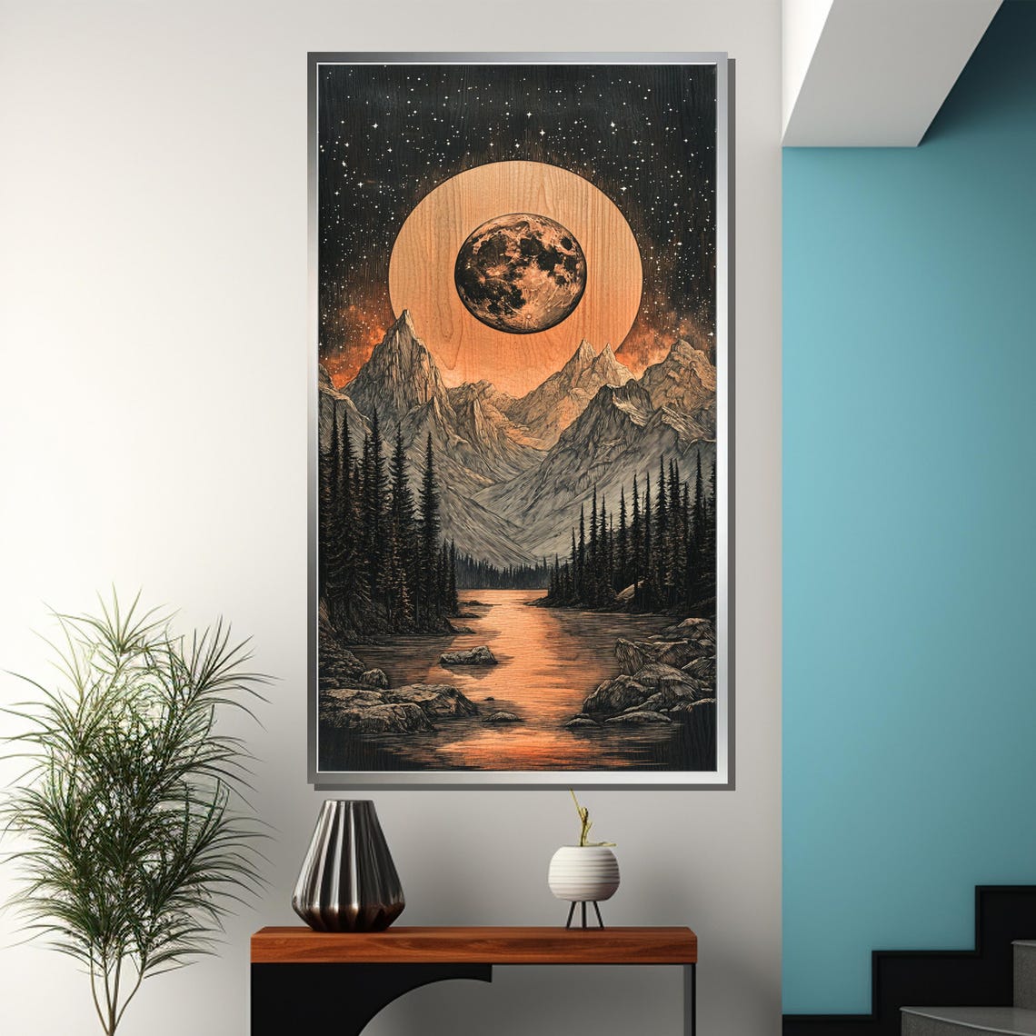 Moonlit Mountain Wood Engraving Painting Celestial Night Art Gift For Rustic Home Decor - Image 3
