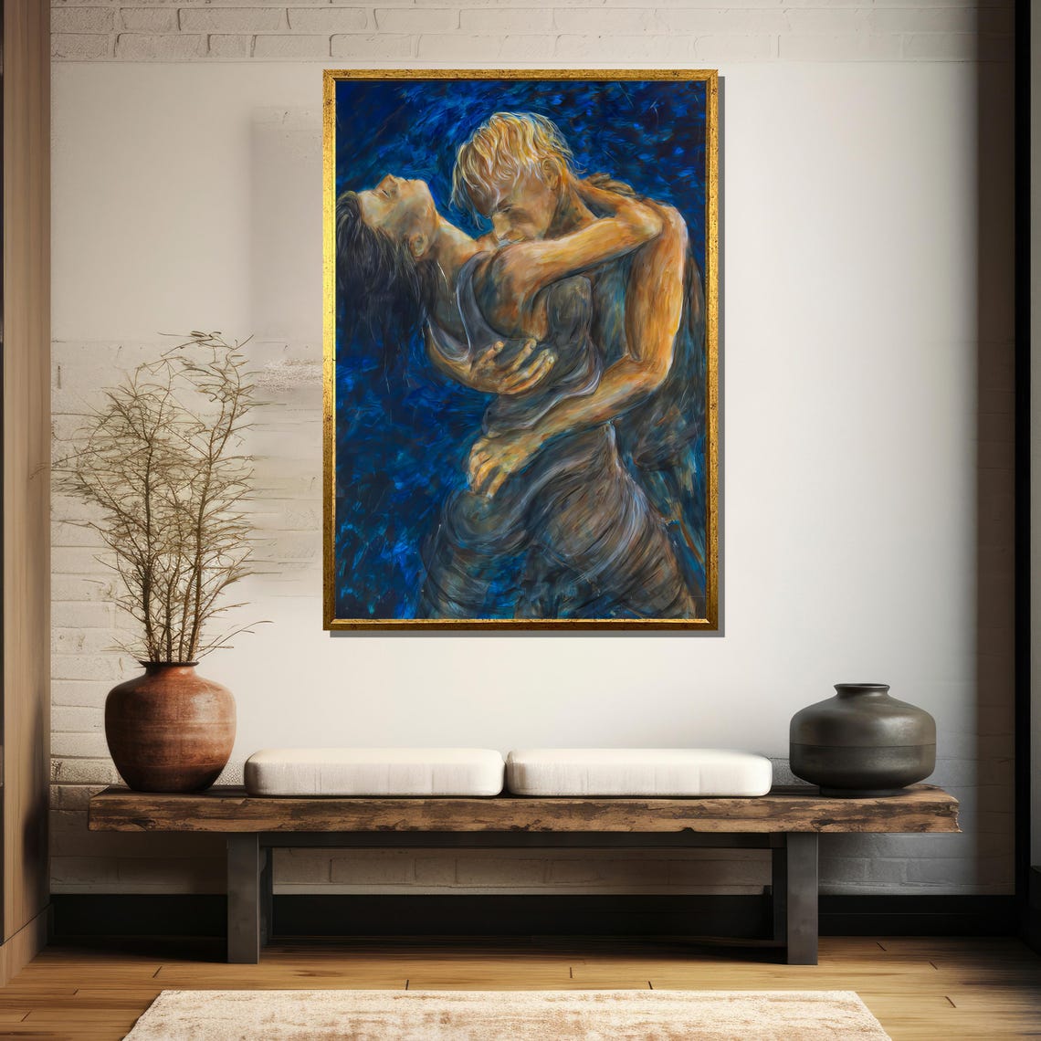 Passionate Embracing Couple Blue Expressive Romance Art Poster - Image 5