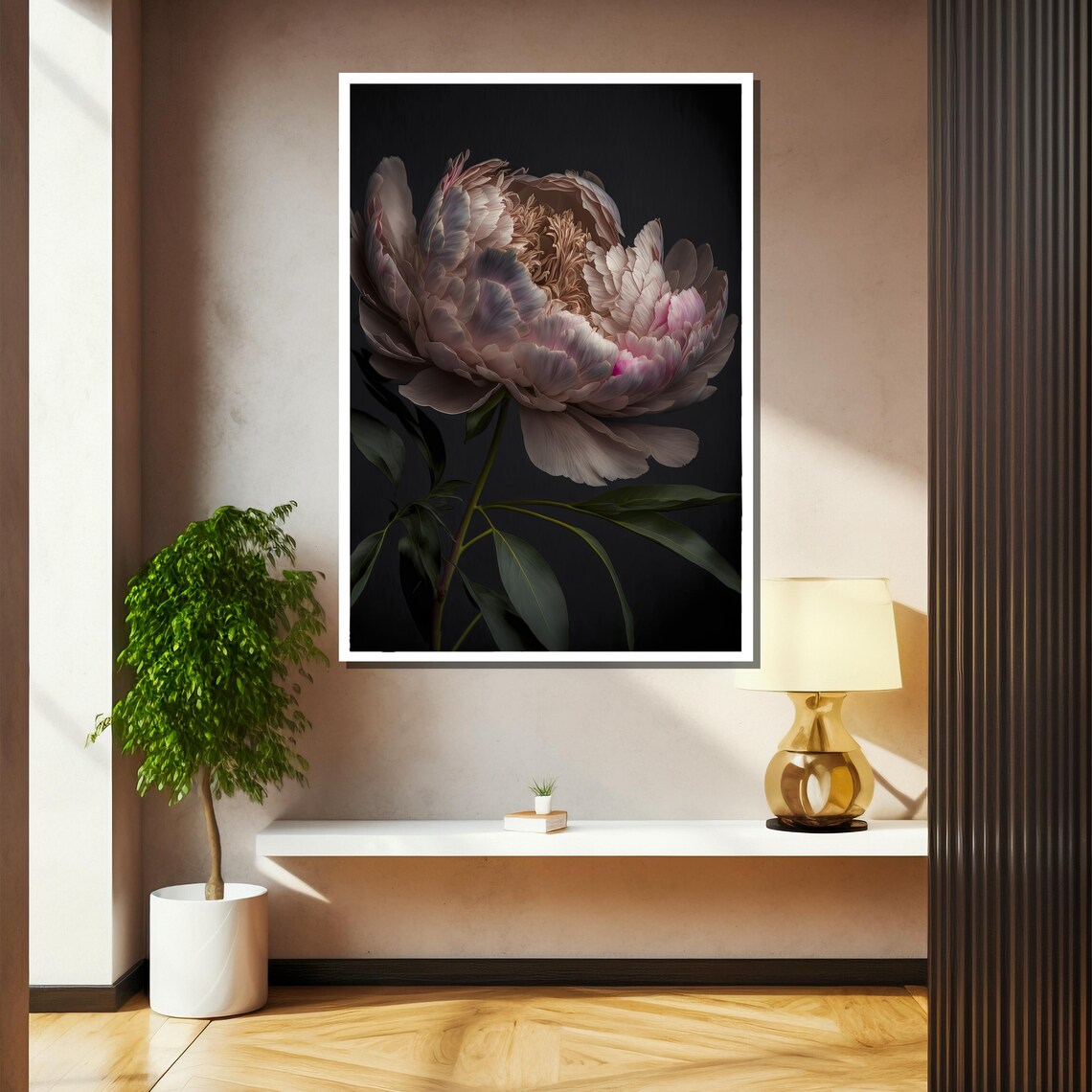 Soft Blush Pink Peony Bloom On Dark Elegant Floral Art Poster - Image 2